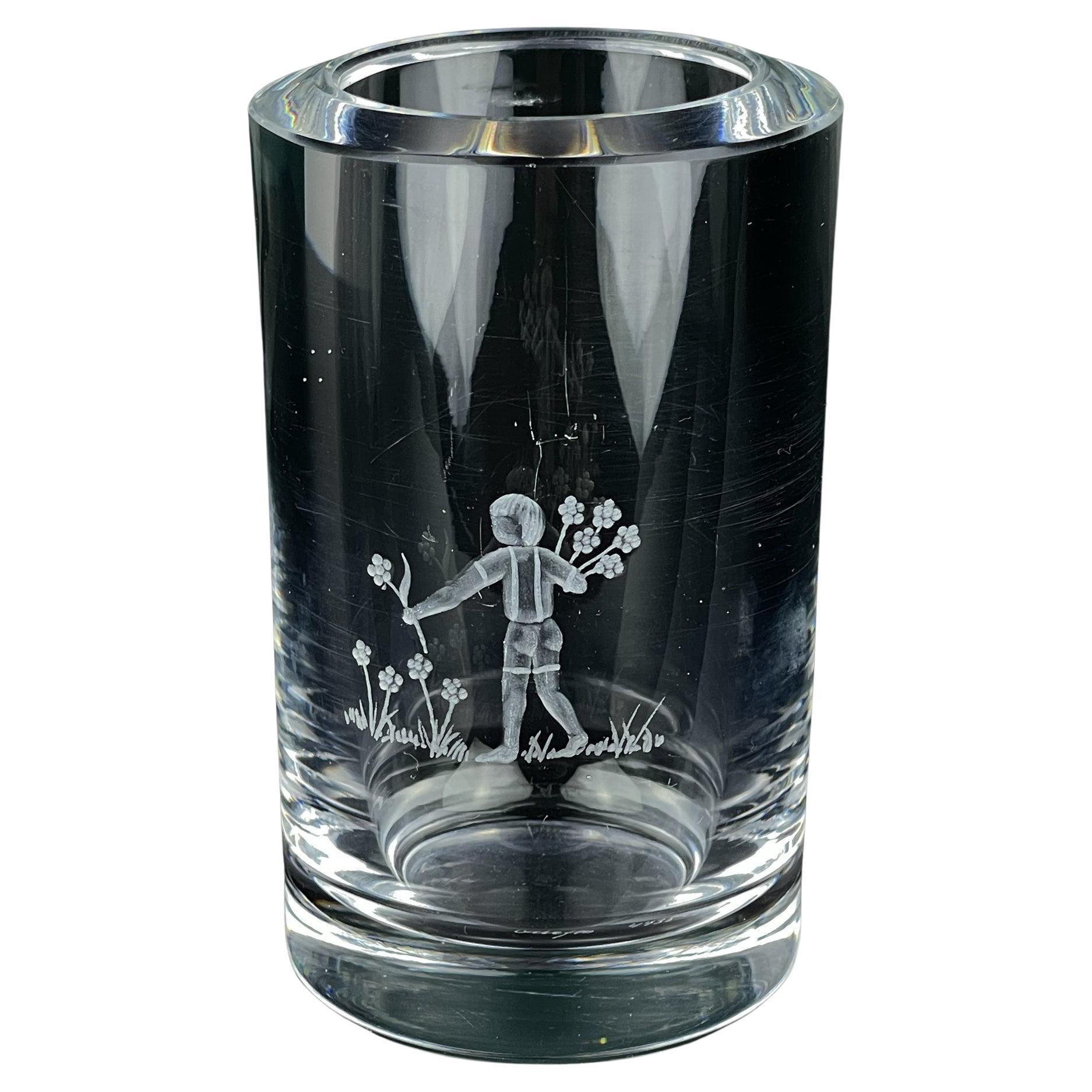 Orrefors Crystal Bud Vase with Etched, Sweden, 1950-60s