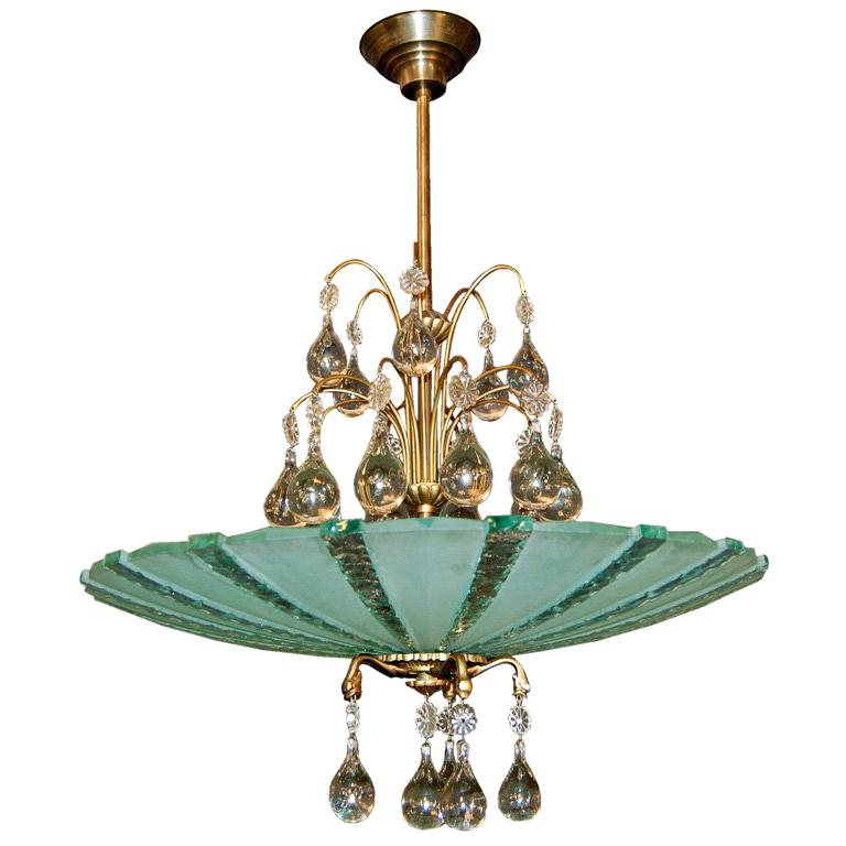 Orrefors Crystal Chandelier and Etched Glass Pendant Chandelier For Sale