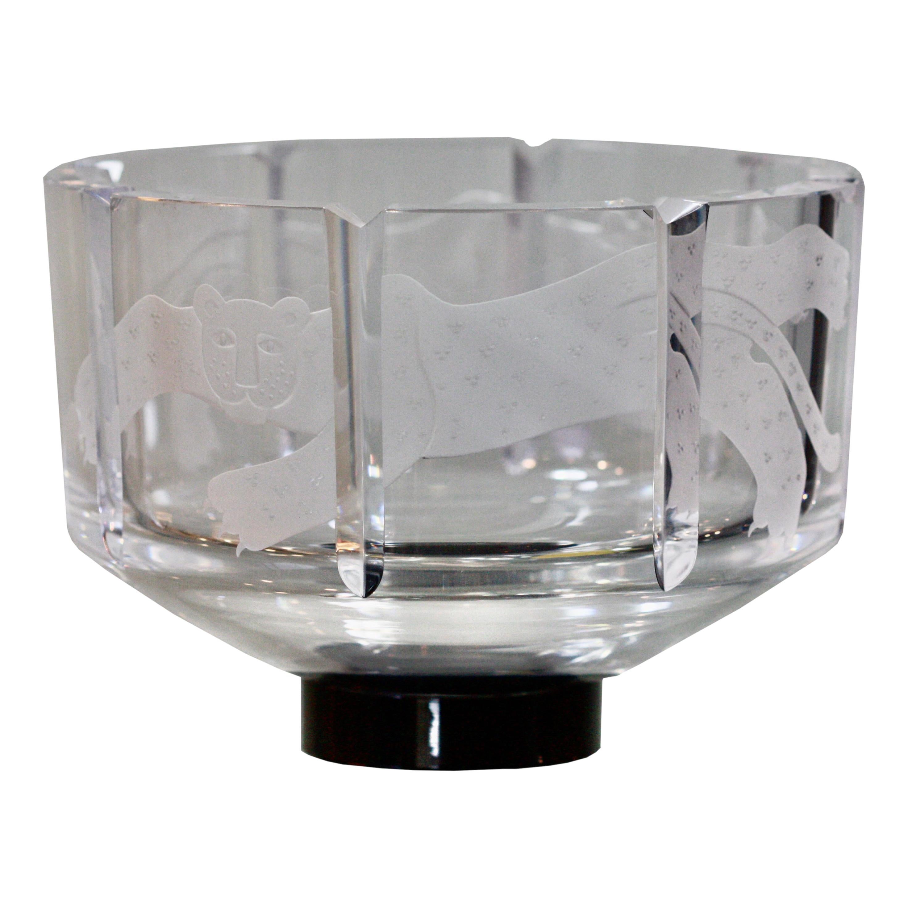 Orrefors Etched Glass 'Cat' Bowl, Designed by Gunner Cyren For Sale