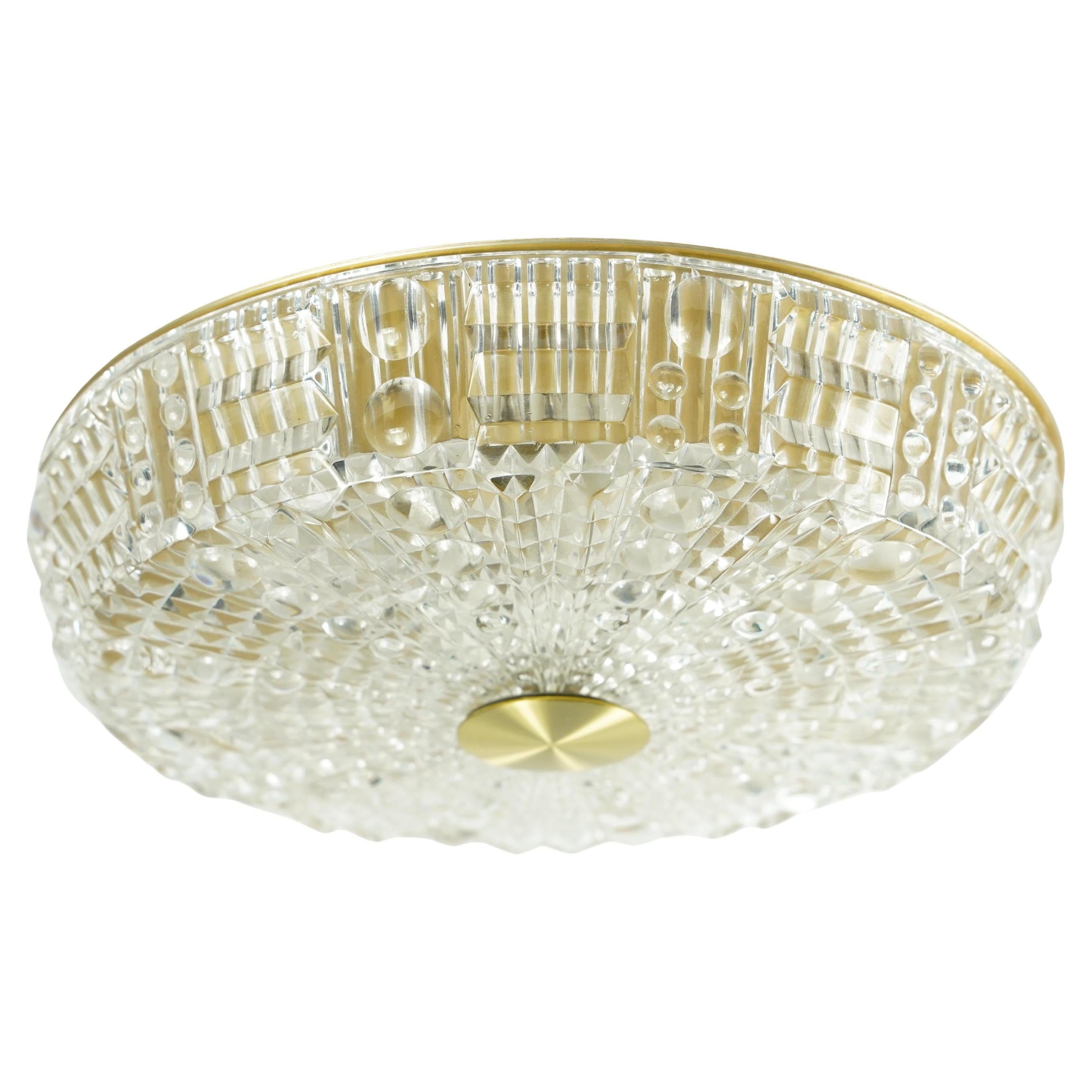 Orrefors Flushmount, Crystal and Brass, 1960, Sweden