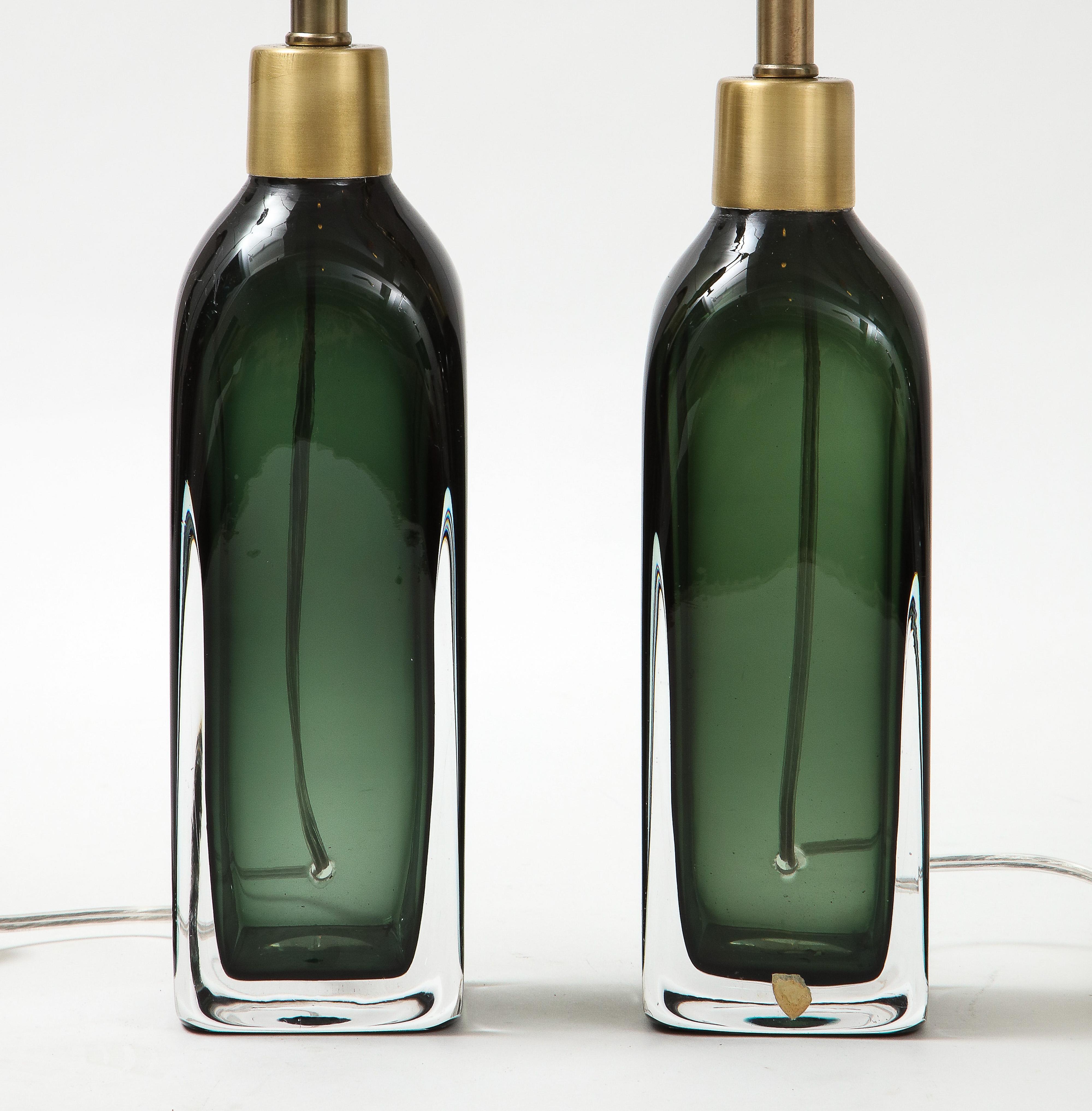 Swedish Orrefors Forest Green Bottle Form Lamps For Sale