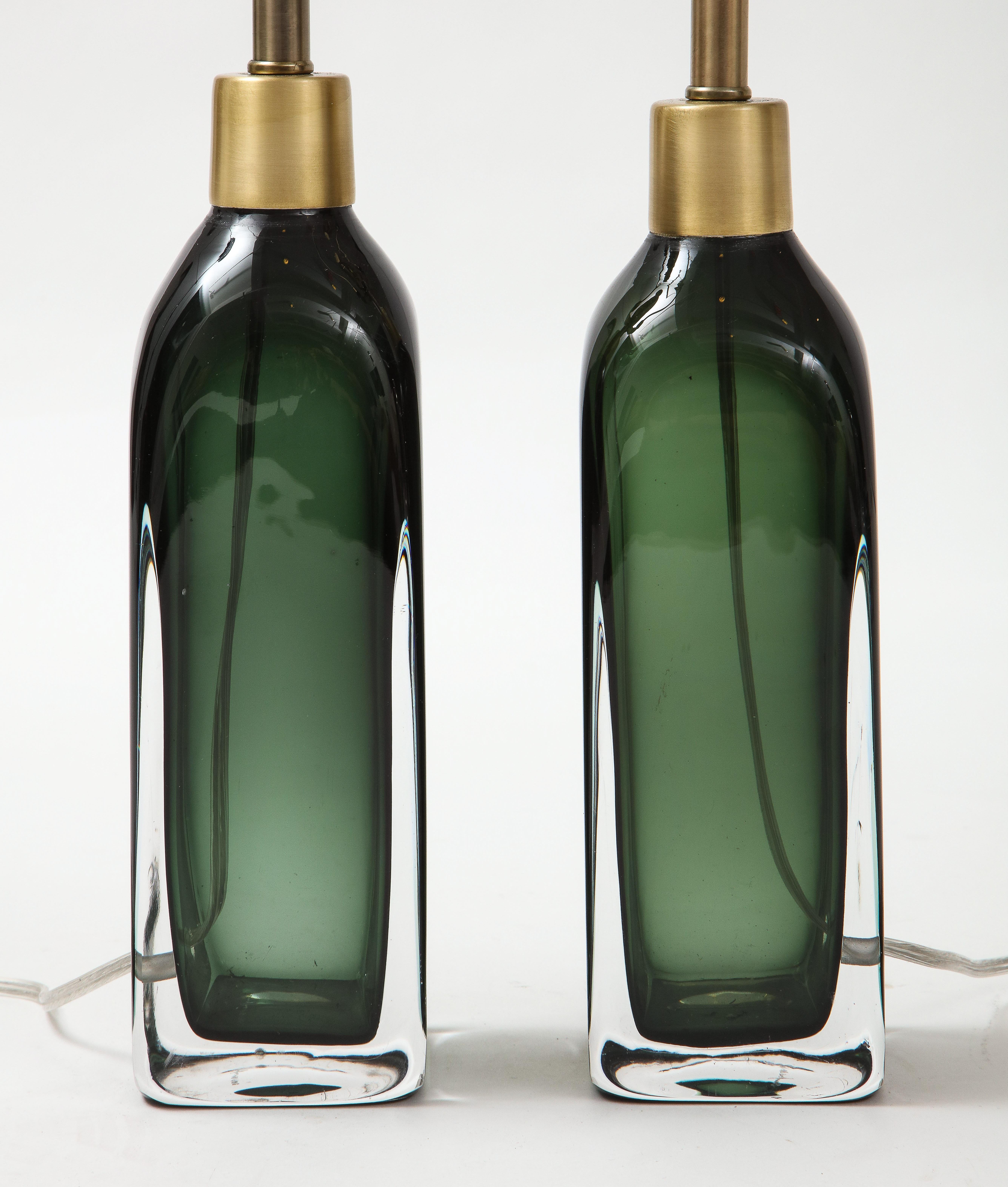 Brass Orrefors Forest Green Bottle Form Lamps For Sale