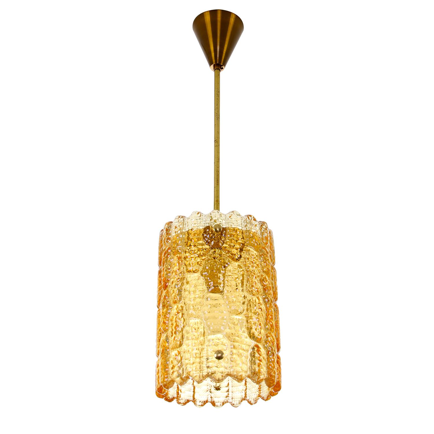 Scandinavian Modern Orrefors Gefion Amber Crystal & Brass Pendant by Fagerlund, Lyfa/Orrefors, 1960s For Sale
