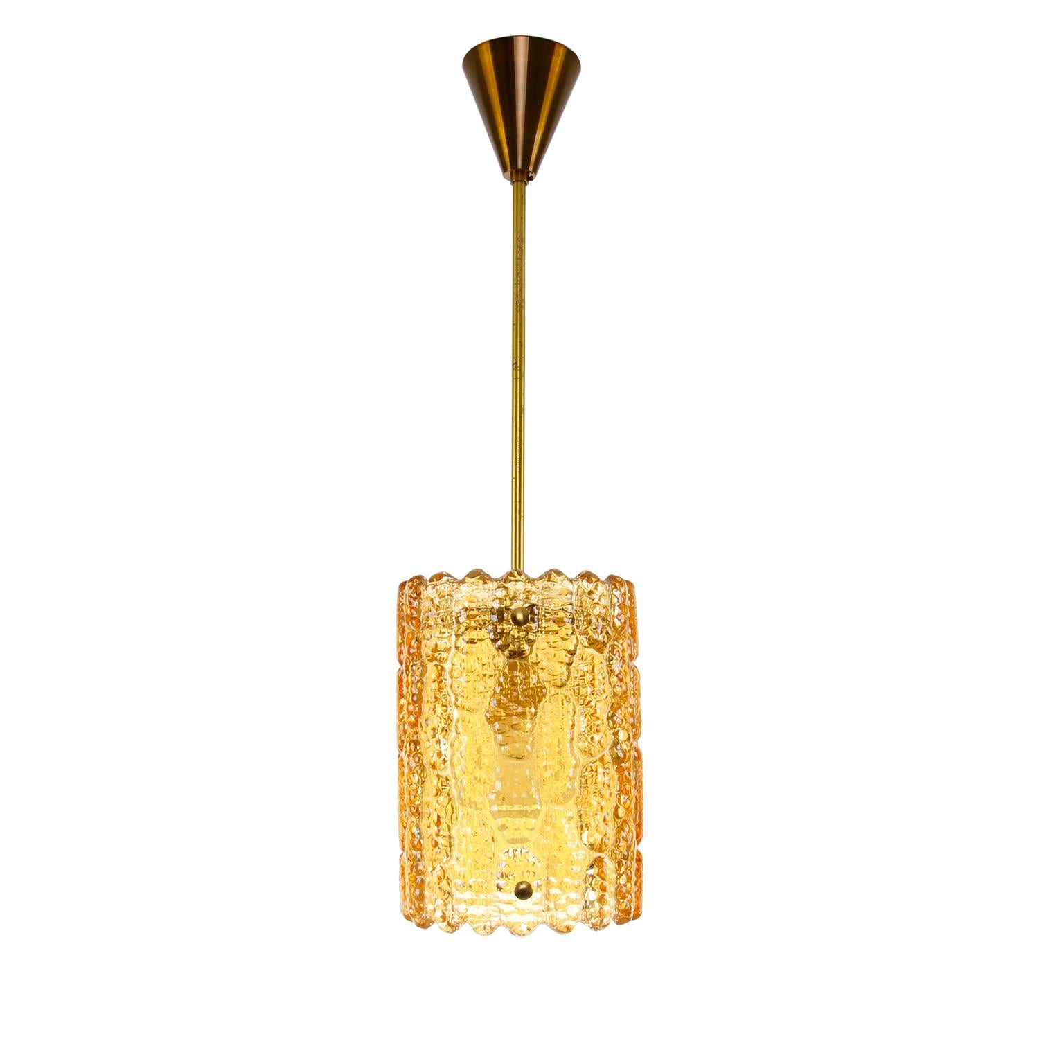 Orrefors Gefion Amber Crystal & Brass Pendant by Fagerlund, Lyfa/Orrefors, 1960s For Sale