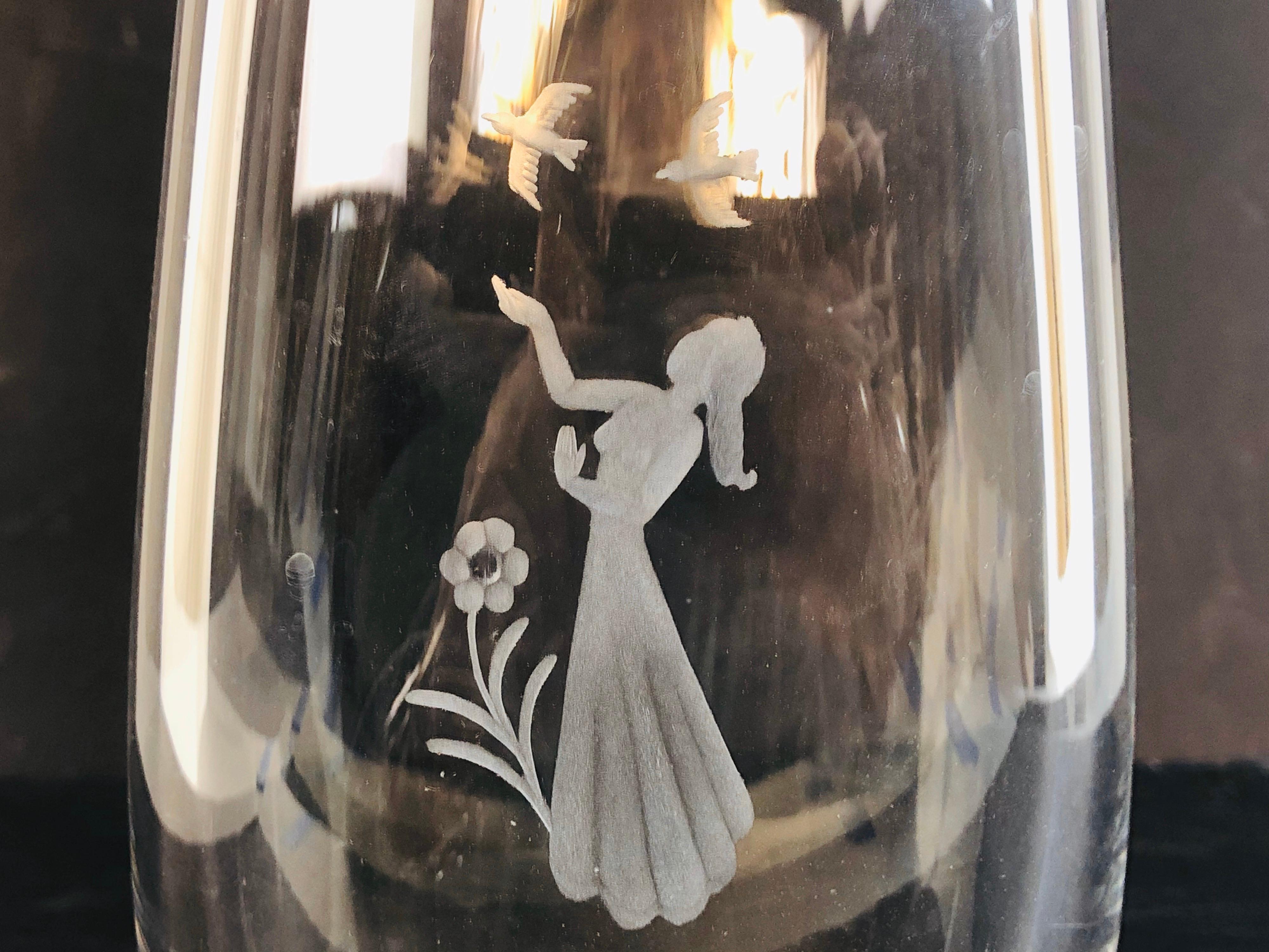 Scandinavian Modern Orrefors Glass Vase Girl With Birds Sweden For Sale