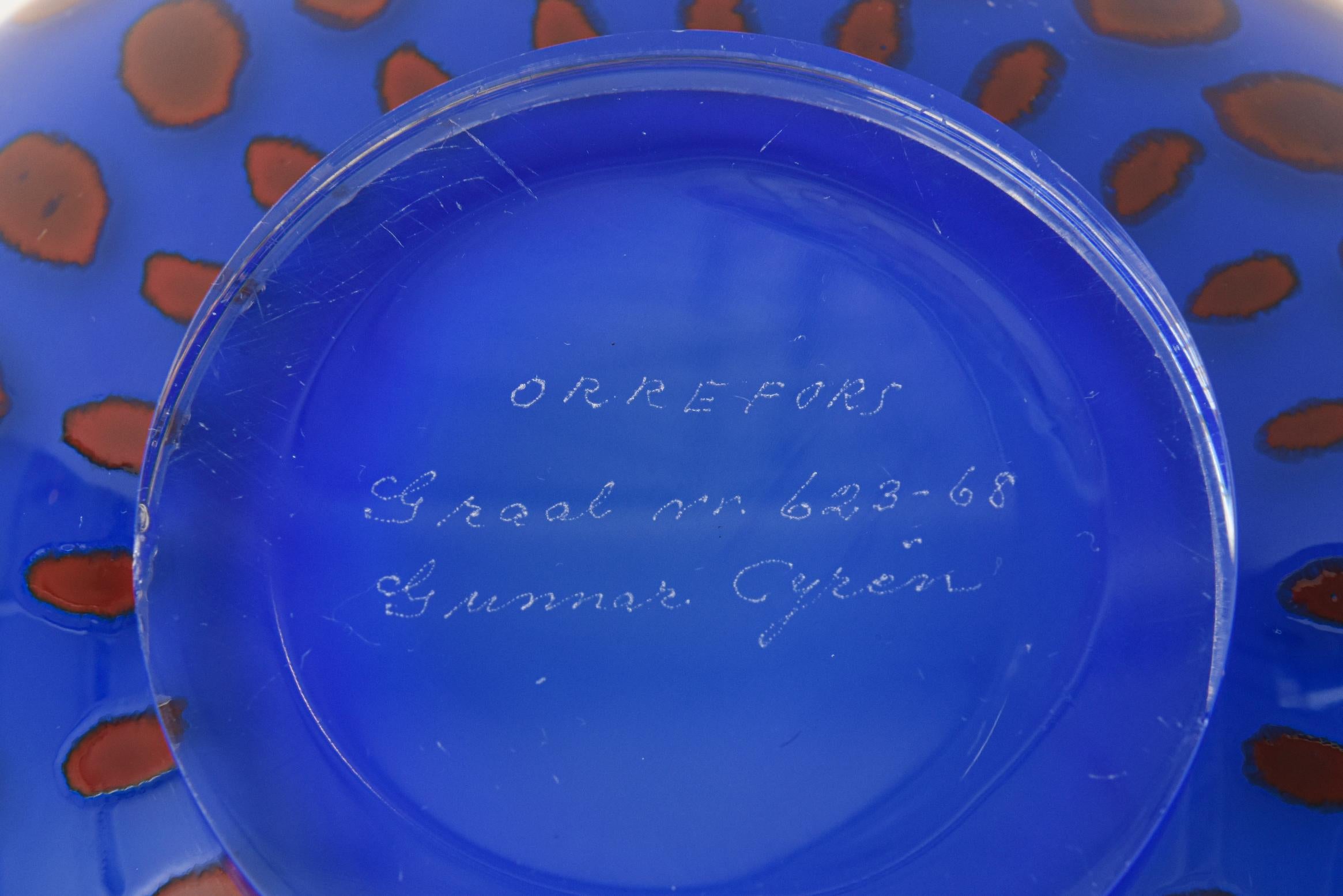 Blown Glass Vintage Orrefors Graal Glass Cobalt Blue Bowl by Gunnar Cyren For Sale