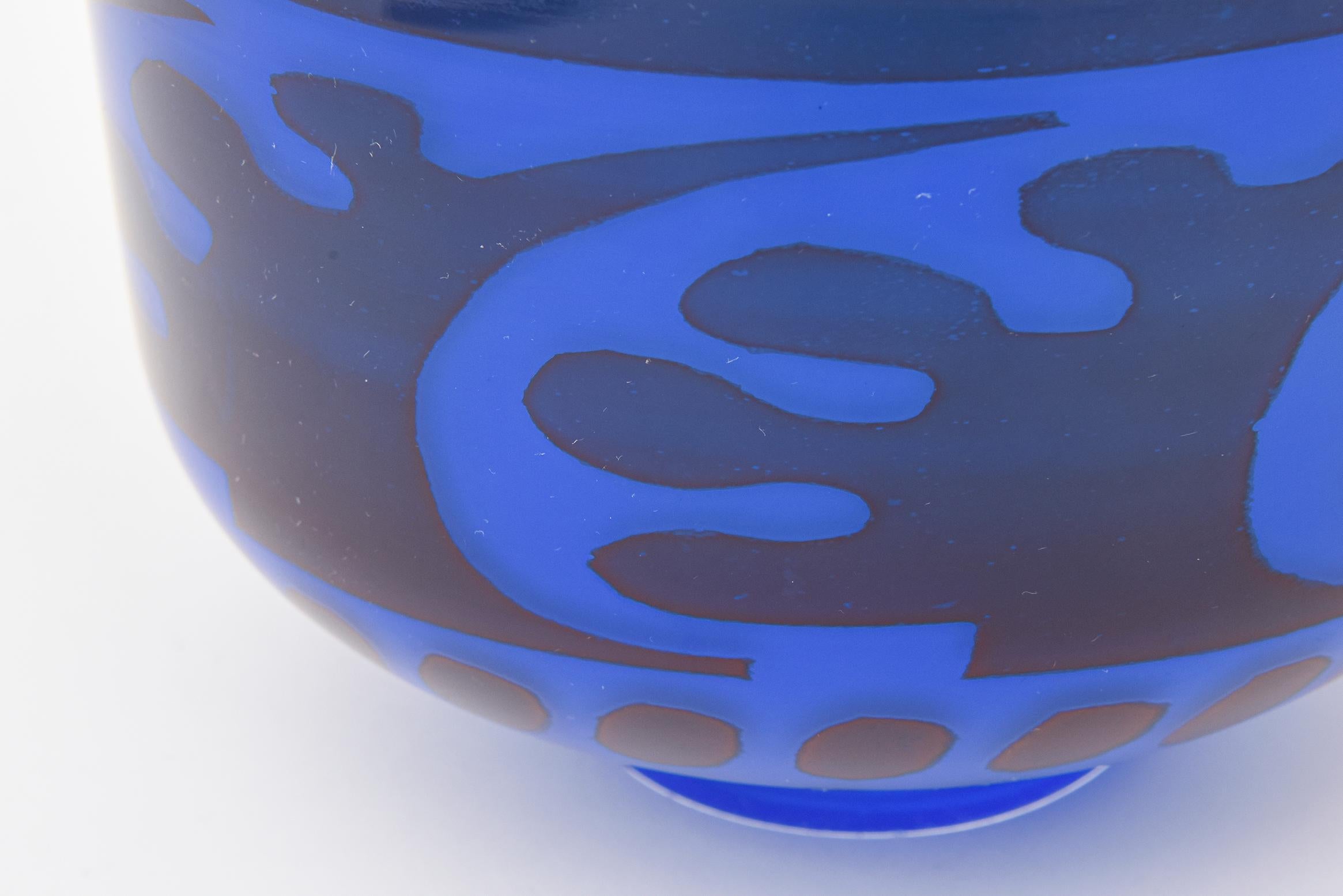 Modern Vintage Orrefors Graal Glass Cobalt Blue Bowl by Gunnar Cyren For Sale