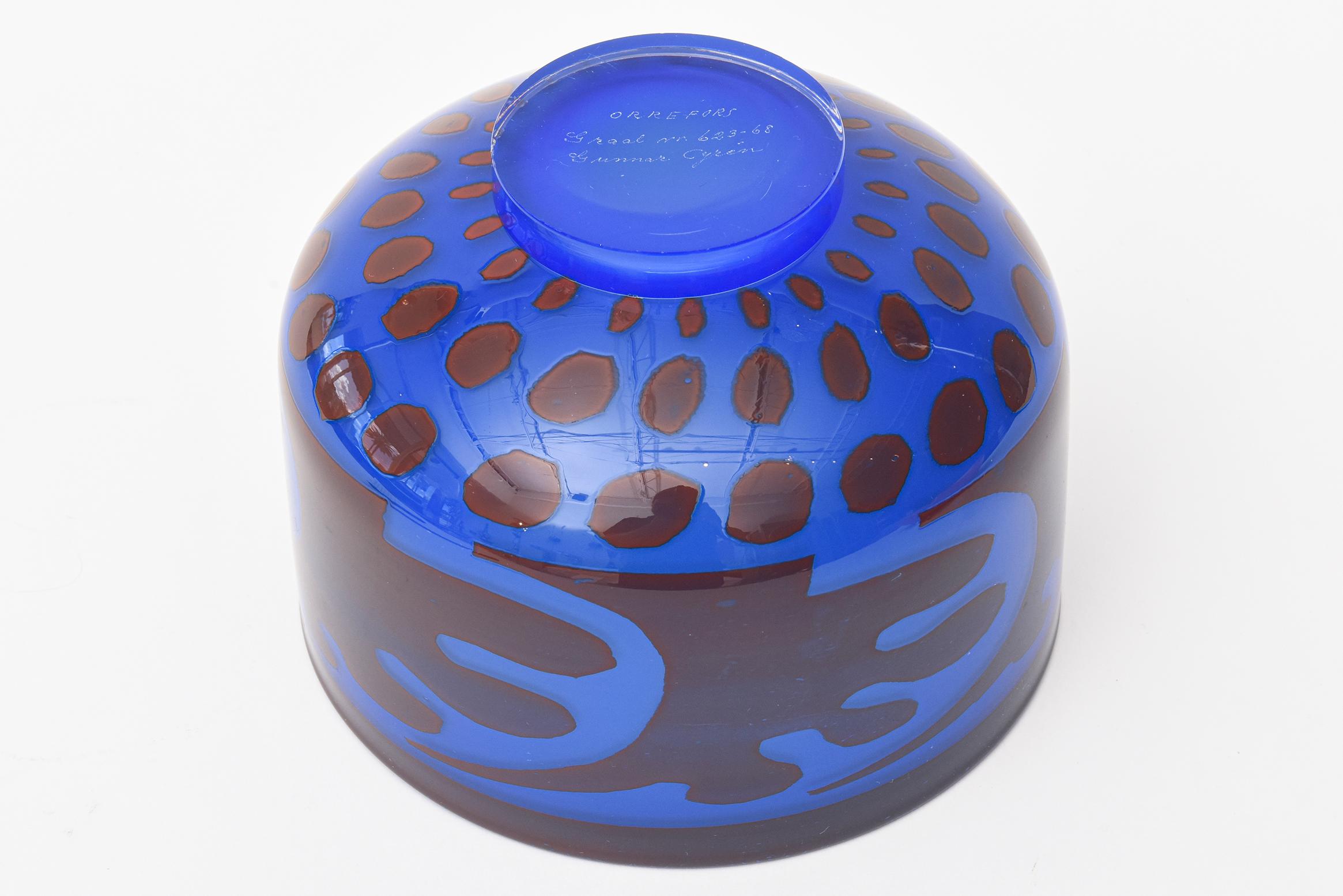 Mid-20th Century Vintage Orrefors Graal Glass Cobalt Blue Bowl by Gunnar Cyren For Sale