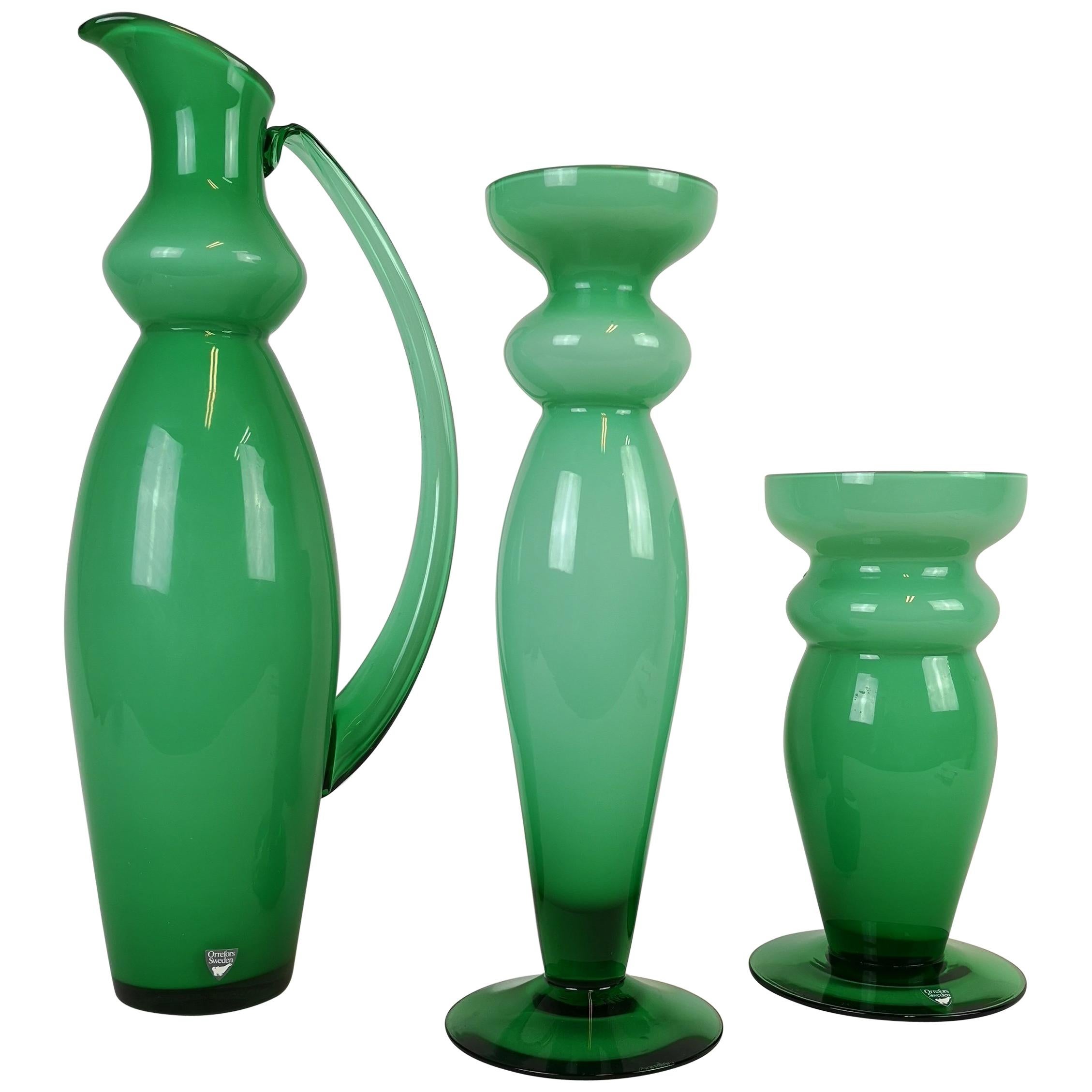 Ensemble de 3 pièces en verre vert Orrefors, Suède