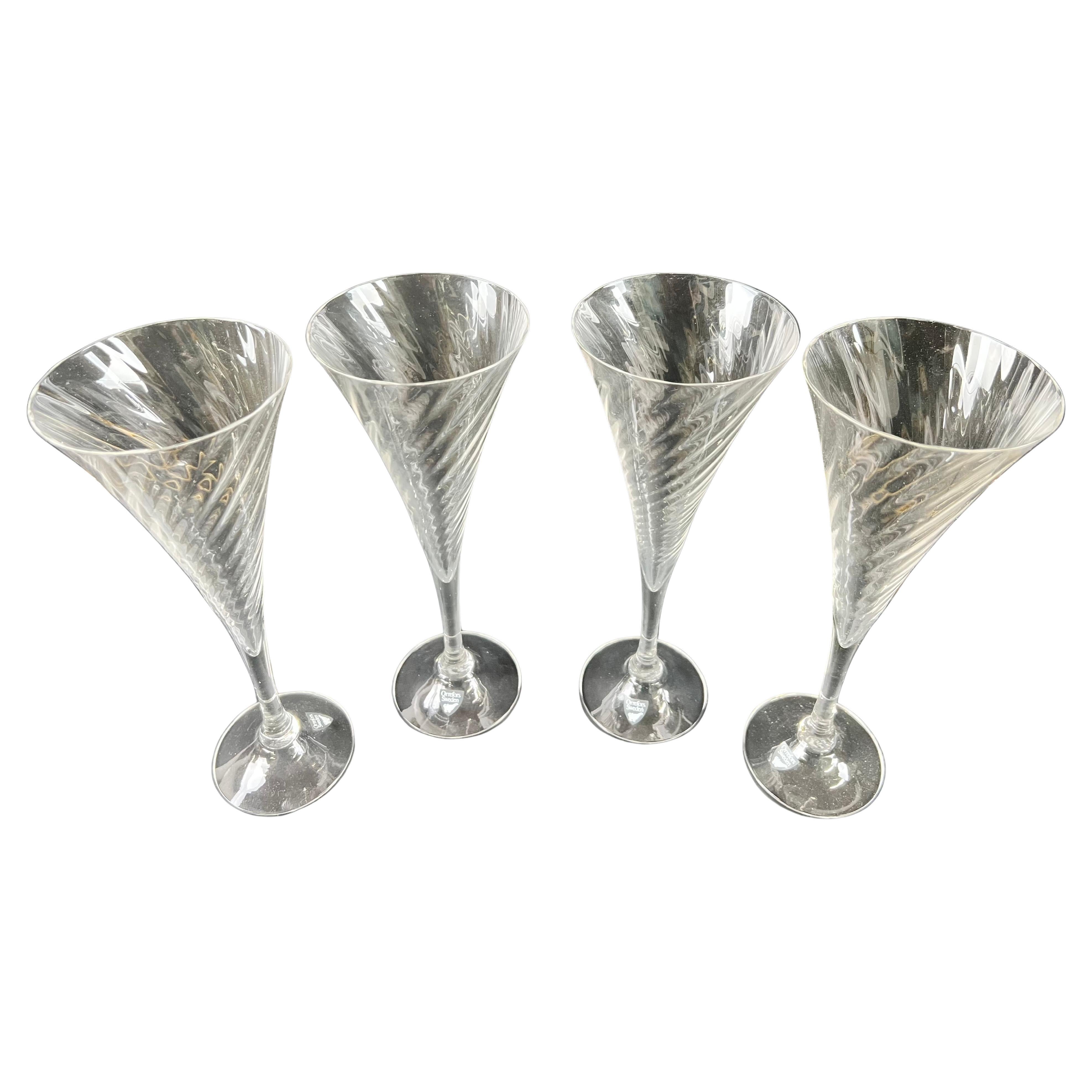 Orrefors Helena Crystal Champagne Flutes Glasses Optic Swirl, Set of 4