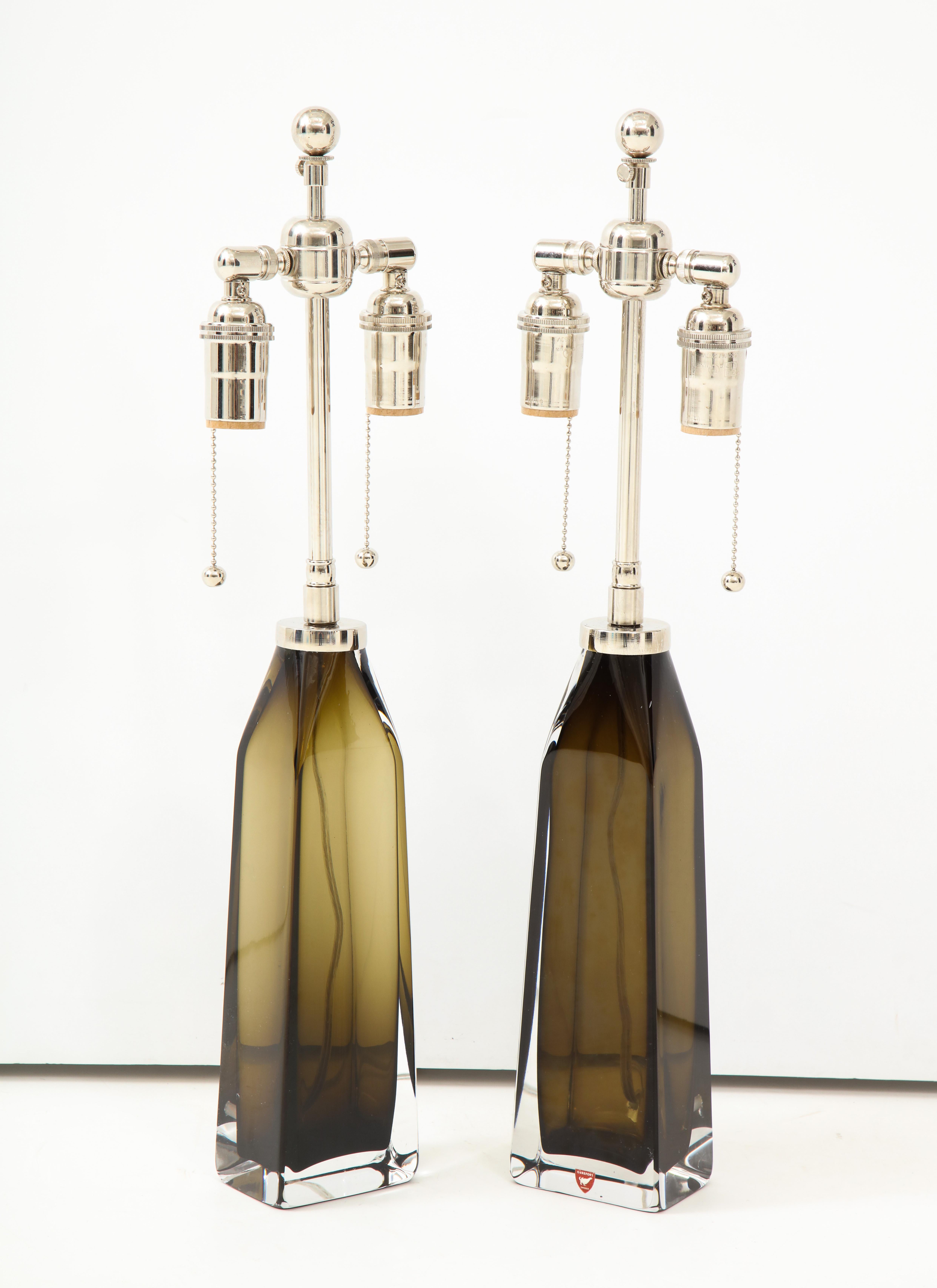 Scandinavian Modern Orrefors Pair of Large Olive Crystal Lamps