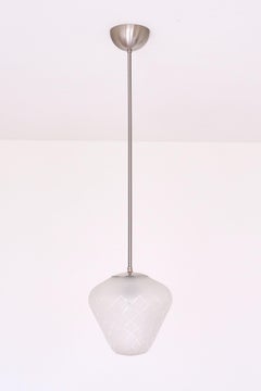 Orrefors Pendelleuchte aus geätztem, Diagonal kariertem Glas, schwedische Moderne, 1950er Jahre