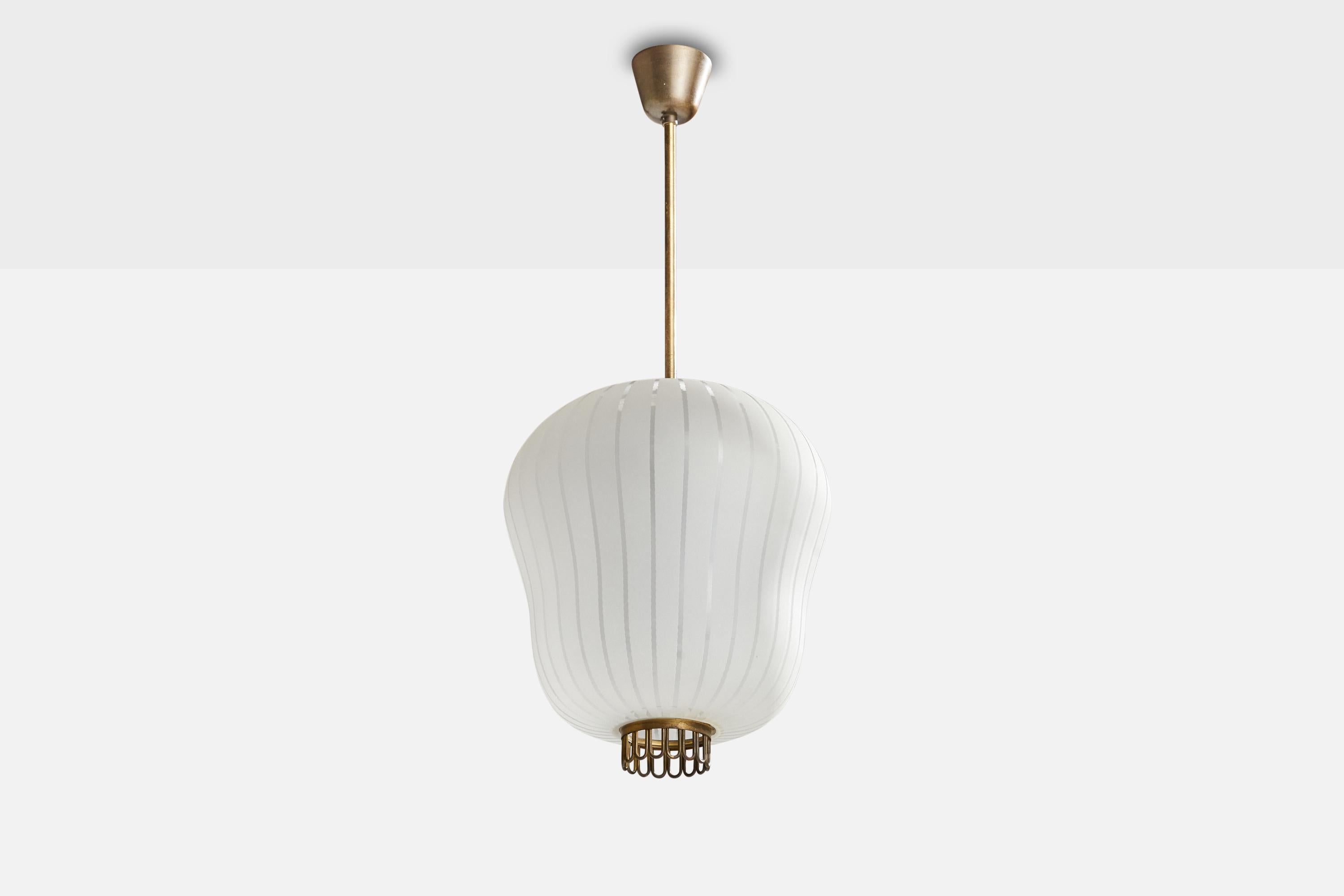 A brass and etched glass pendant light designed and produced by Orrefors, Sweden, 1940s.

Dimensions of canopy (inches): 3.25” H x 4.25” Diameter
Socket takes standard E-26 bulbs. 1 socket.There is no maximum wattage stated on the fixture. All