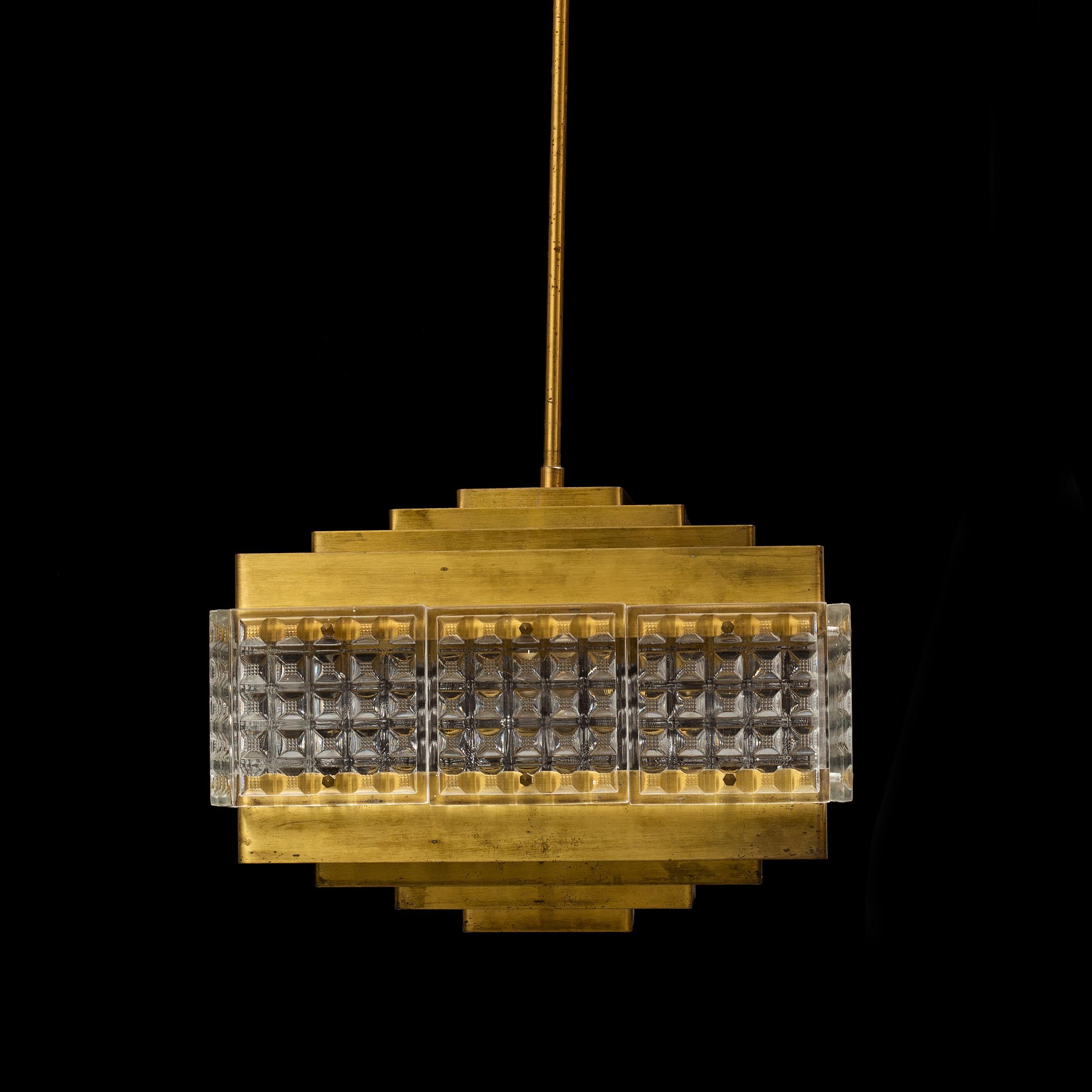 Mid-Century Modern Orrefors Pendant Light Glass and Brass, Sweden, 1960 For Sale