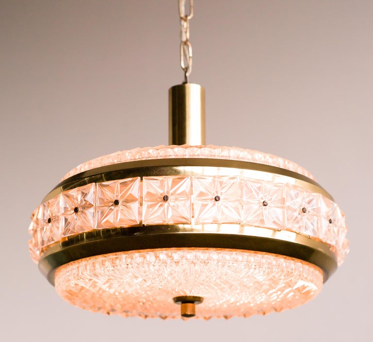20th Century Orrefors Pressed Glass and Brass Pendant For Sale