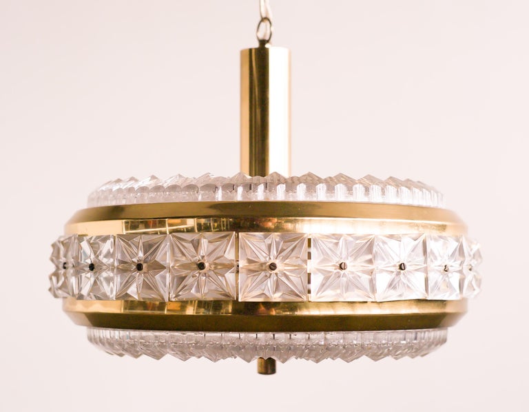 Orrefors Pressed Glass and Brass Pendant For Sale 1