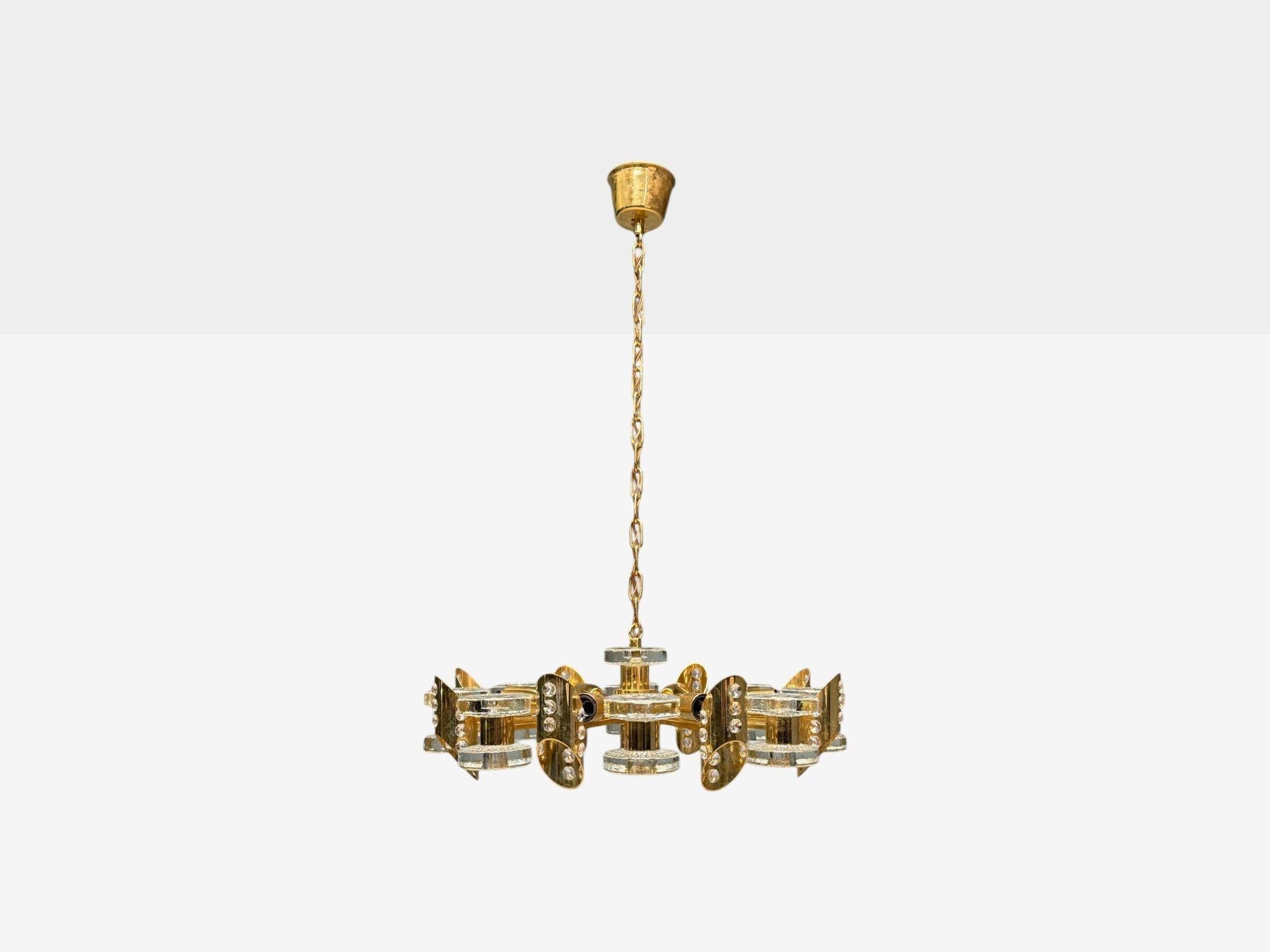 Mid-Century Modern Orrefors, Scandinavian Modern, Brass, Glass, Chandelier, Sweden, 1960s en vente