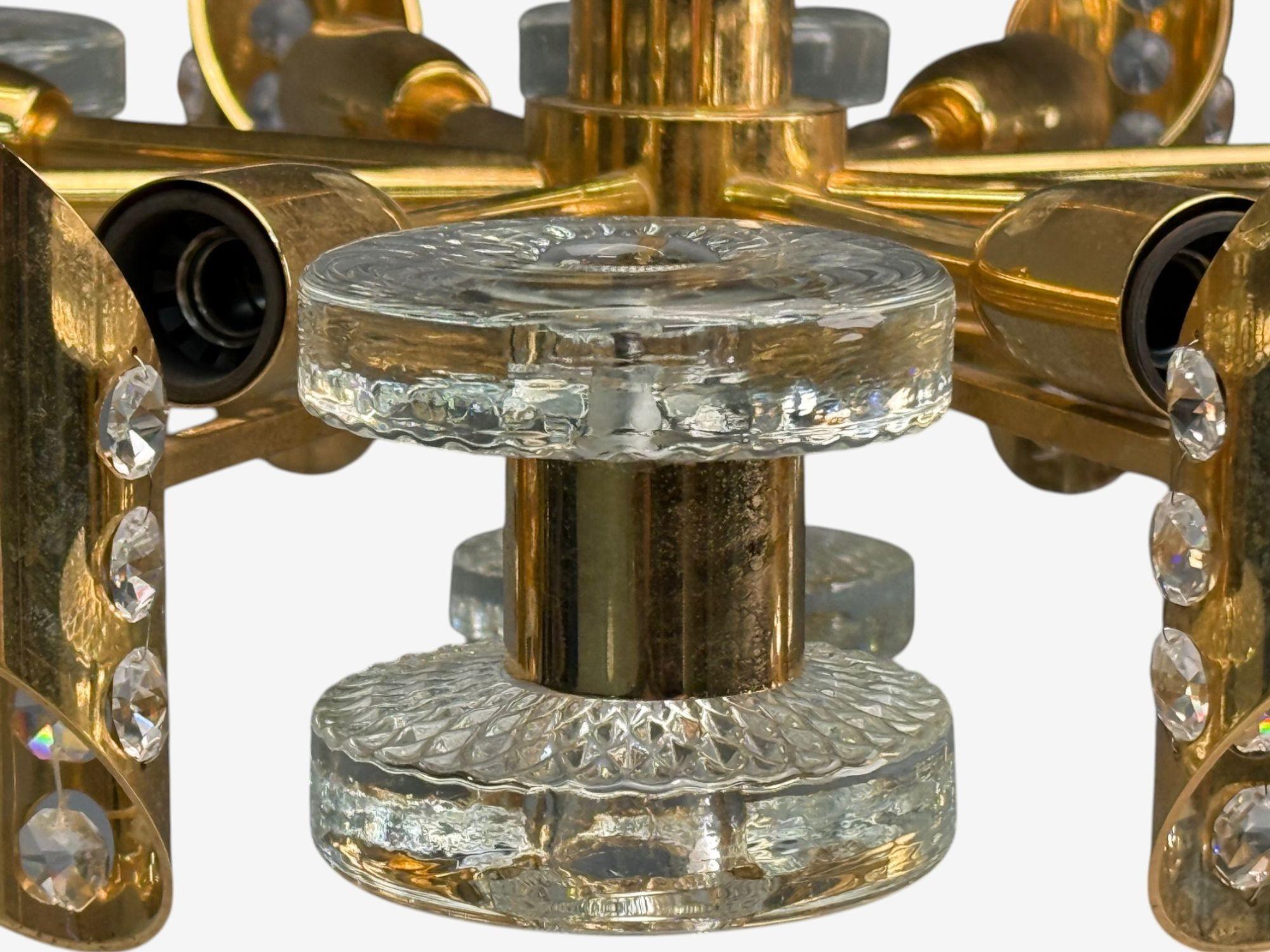 Laiton Orrefors, Scandinavian Modern, Brass, Glass, Chandelier, Sweden, 1960s en vente