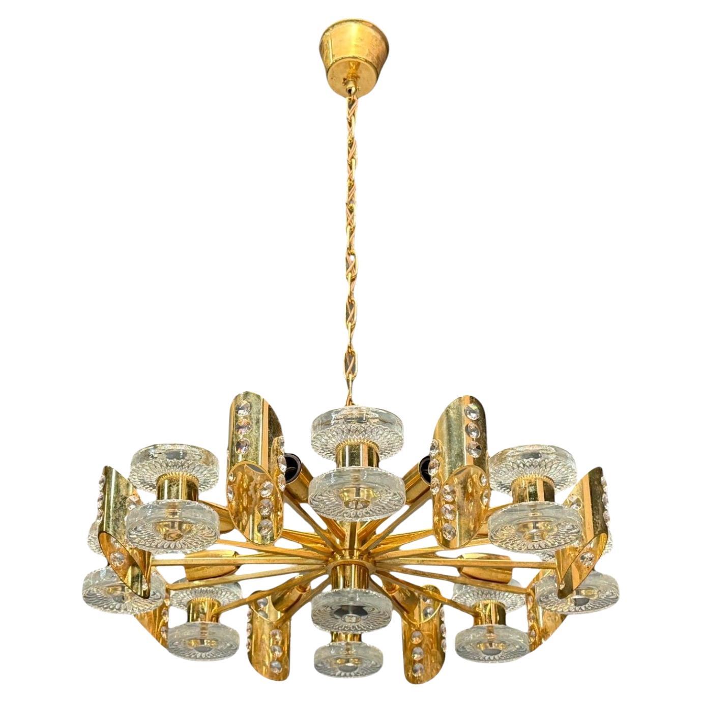 Orrefors, Scandinavian Modern, Brass, Glass, Chandelier, Sweden, 1960s en vente