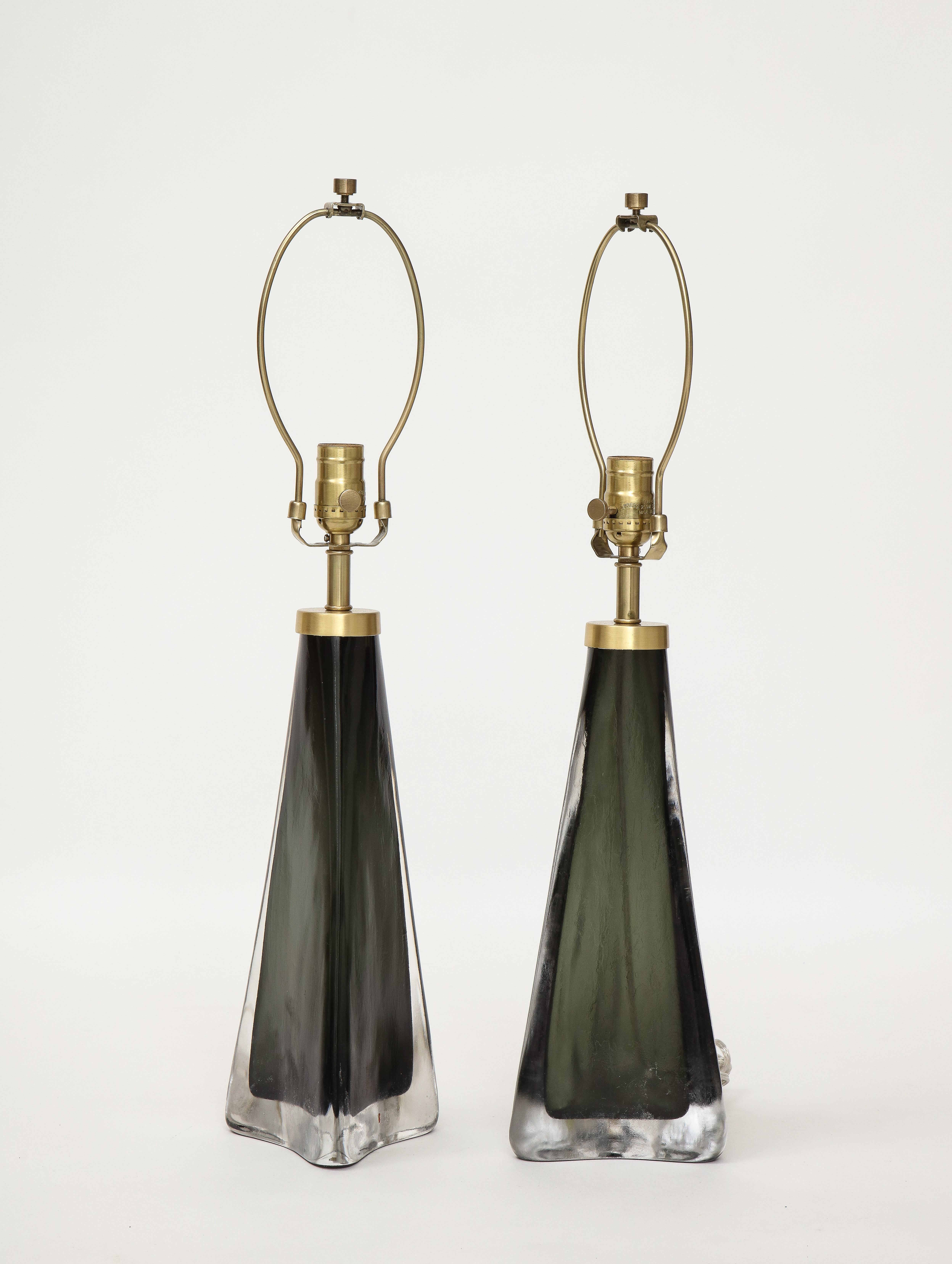 Pair of mossy green/grey triangular form scavo/frosted crystal lamps featuring brushed brass hardware. Lamps have been rewired for use in the USA. 100W max bulbs.