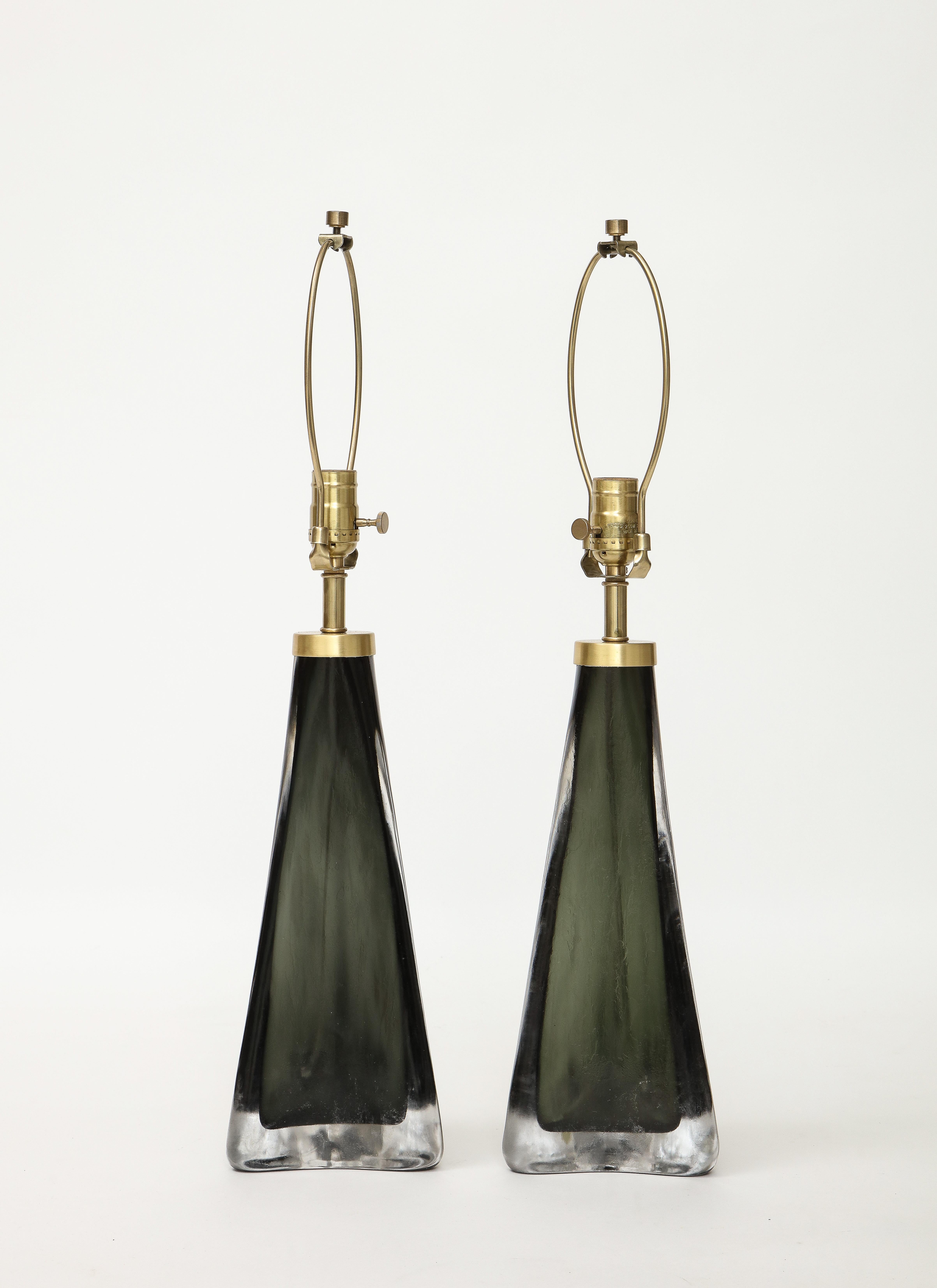 Scandinavian Modern Orrefors Scavo Moss Green Crystal Lamps For Sale