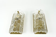 Orrefors Sconces Brass and crocodile Glass Shades by Orrefors Sweden, 1970