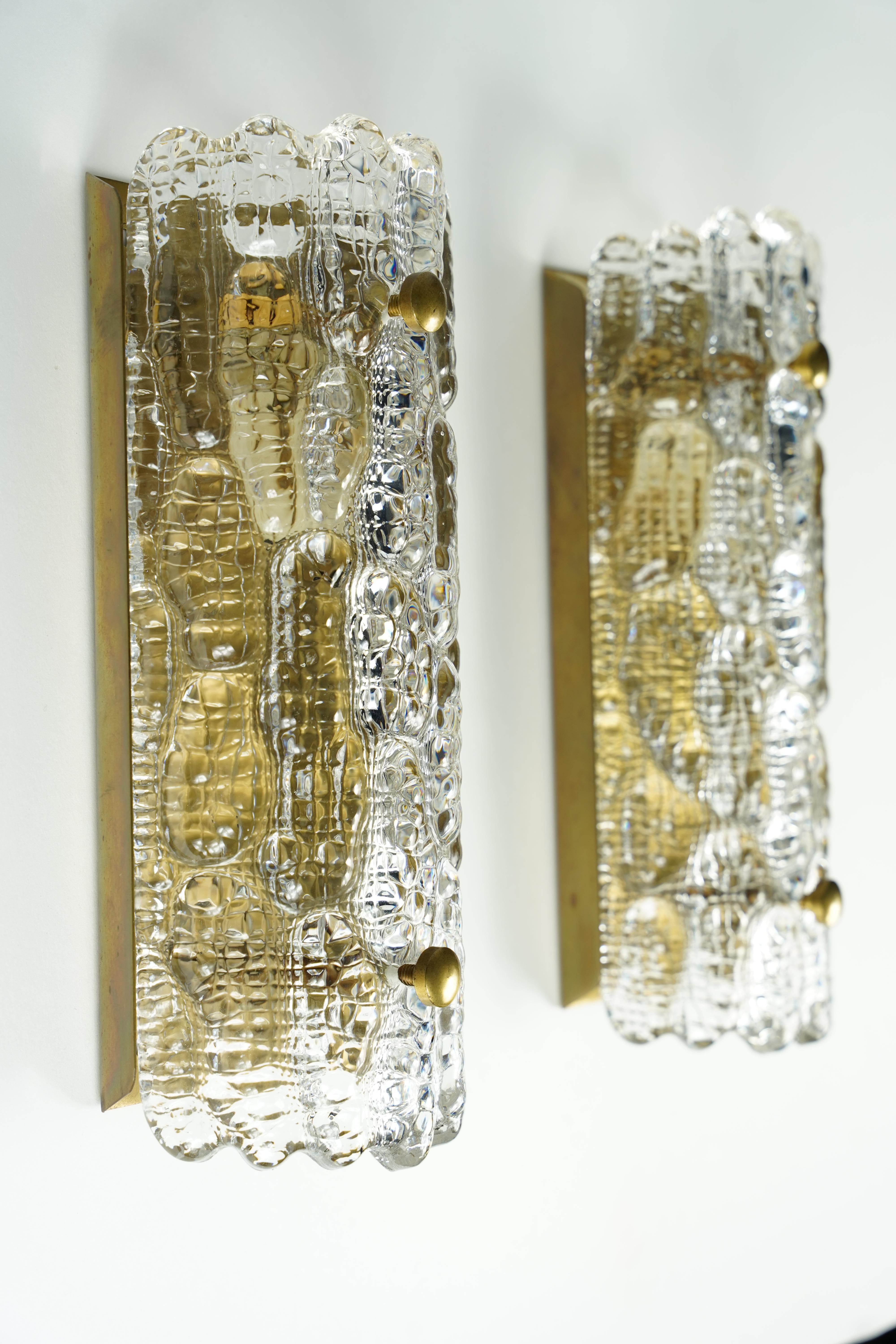 Mid-Century Modern Orrefors Sconces Brass and crocodile Glass Shades by Orrefors Sweden, 1970 For Sale