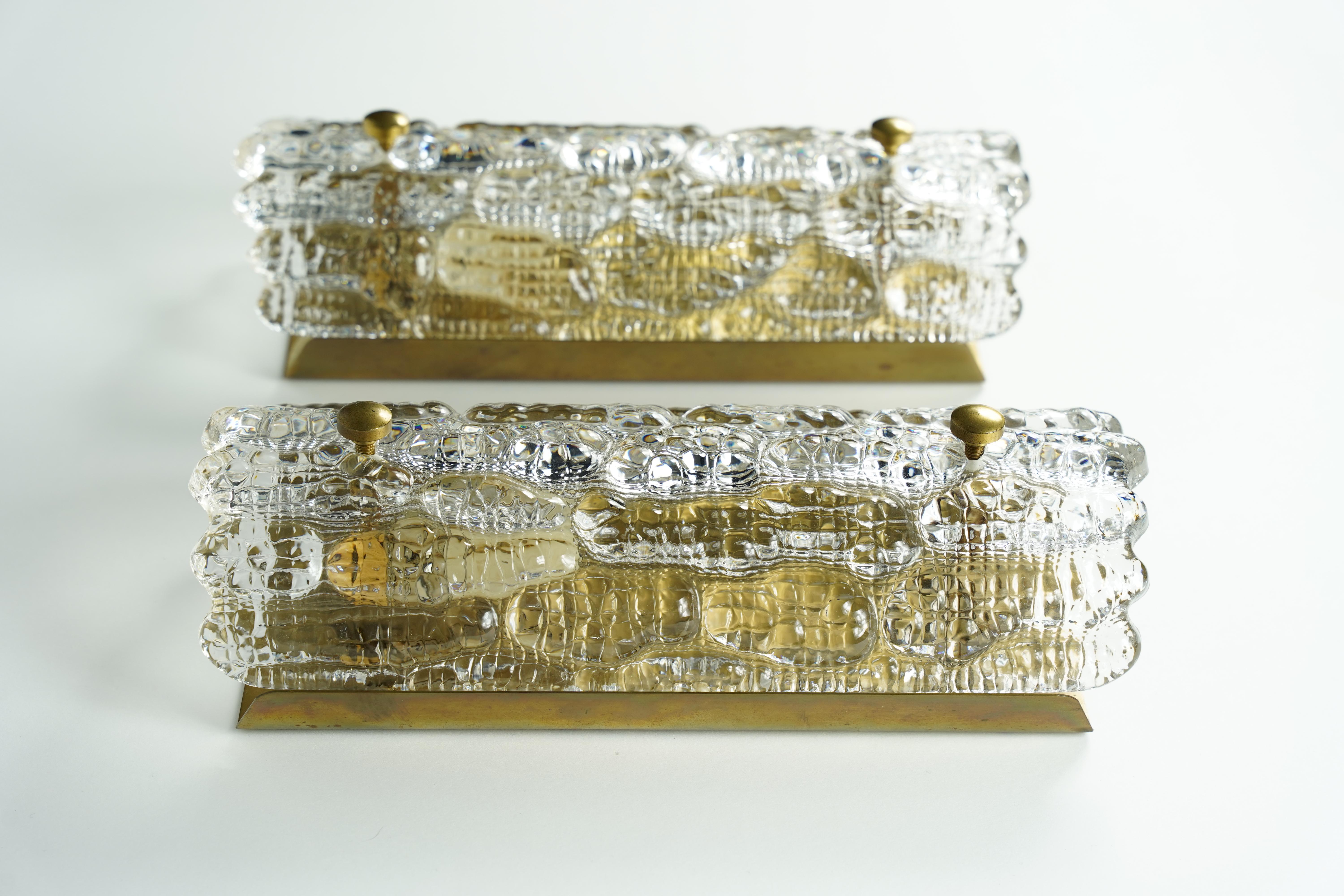 Swedish Orrefors Sconces Brass and crocodile Glass Shades by Orrefors Sweden, 1970 For Sale