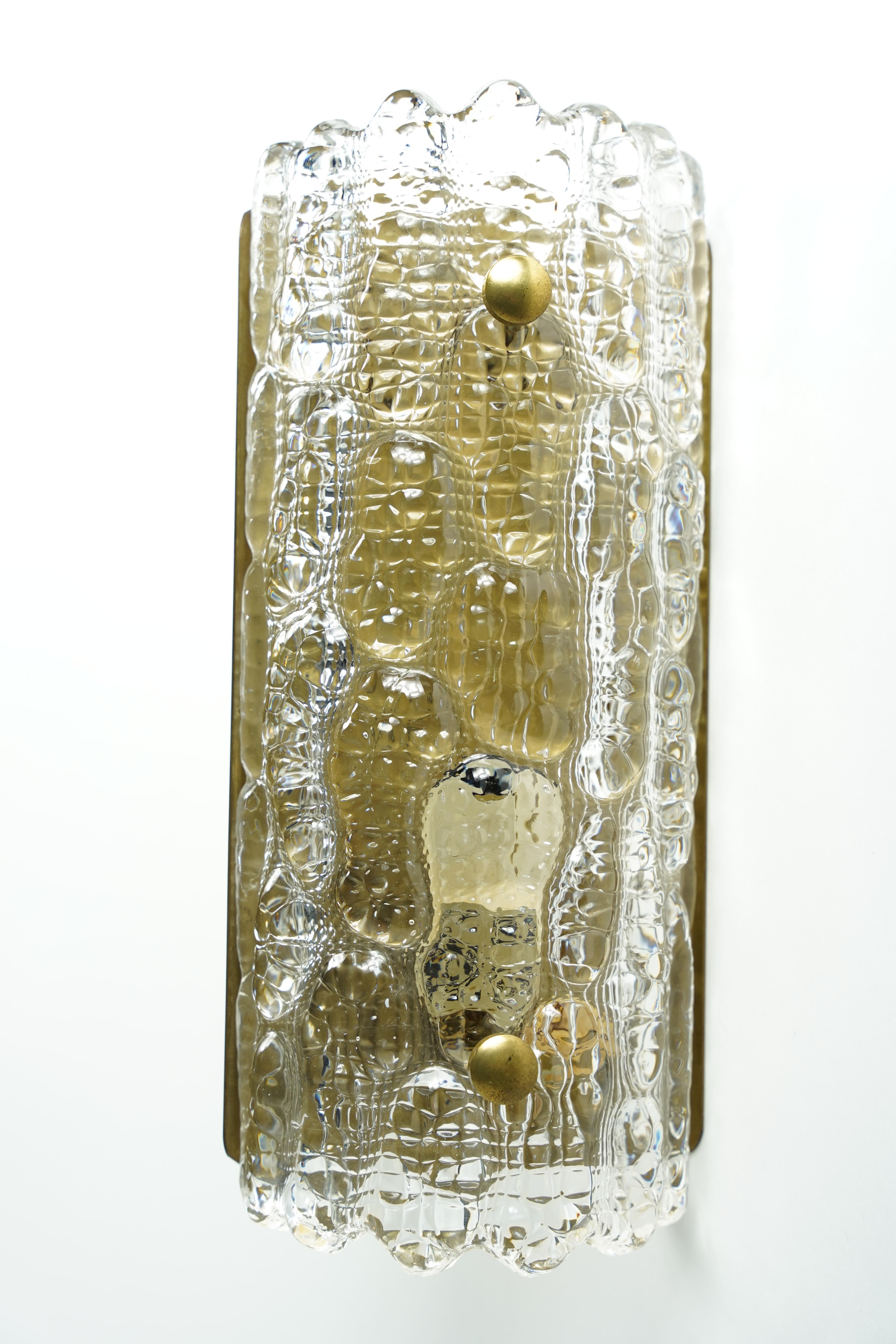 Cast Orrefors Sconces Brass and crocodile Glass Shades by Orrefors Sweden, 1970 For Sale
