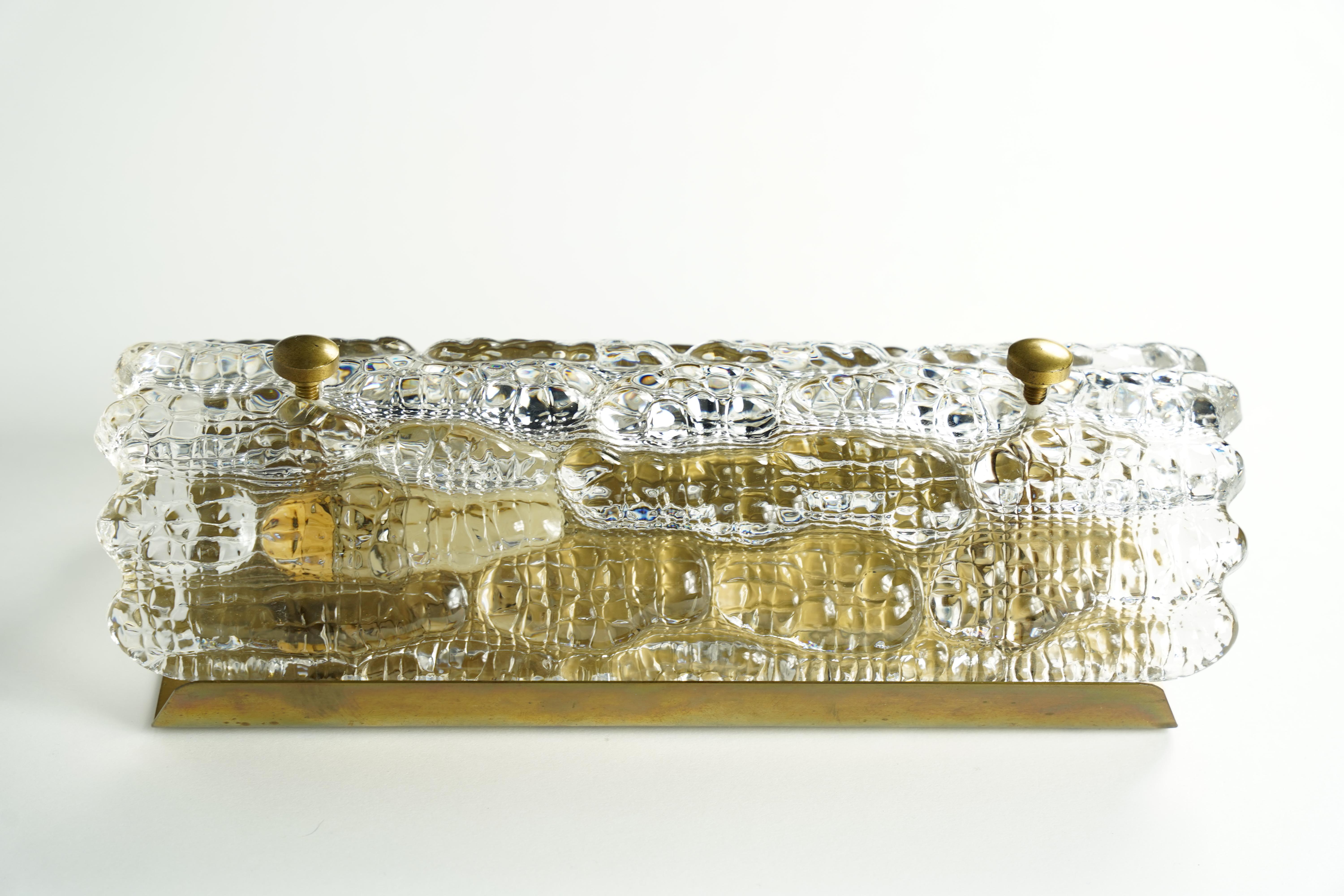 Orrefors Sconces Brass and crocodile Glass Shades by Orrefors Sweden, 1970 In Good Condition For Sale In Bronx, NY