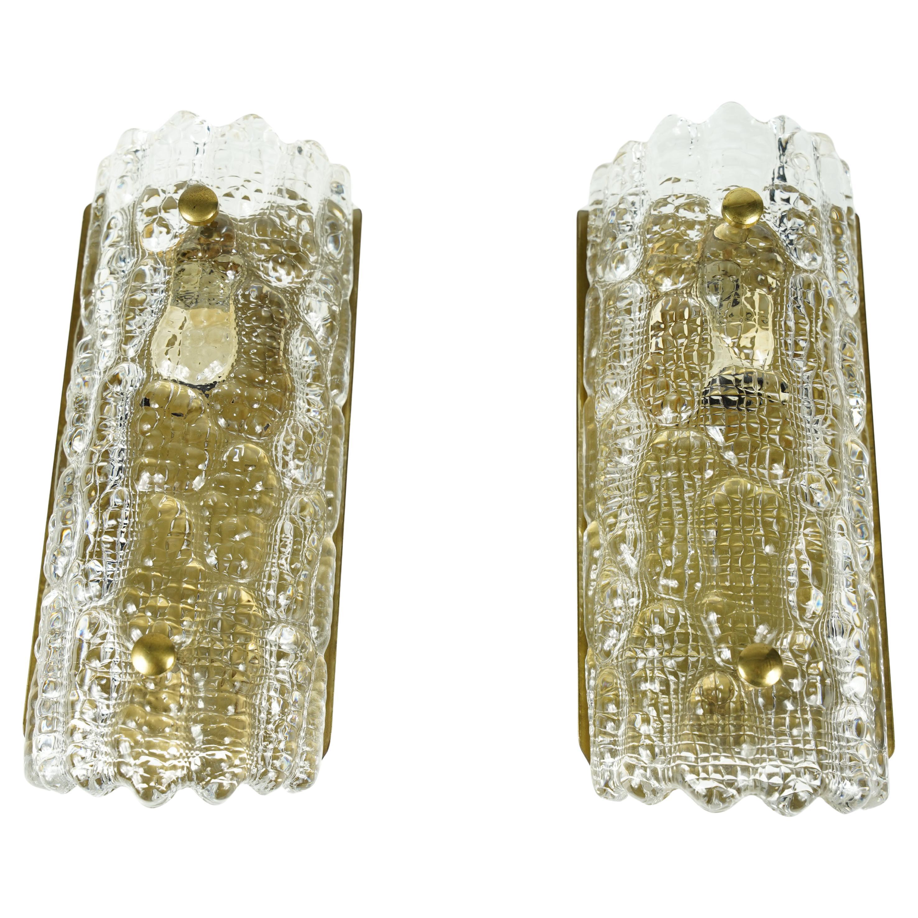 Orrefors Sconces Brass and crocodile Glass Shades by Orrefors Sweden, 1970