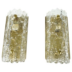 Orrefors Sconces Brass and crocodile Glass Shades by Orrefors Sweden, 1970
