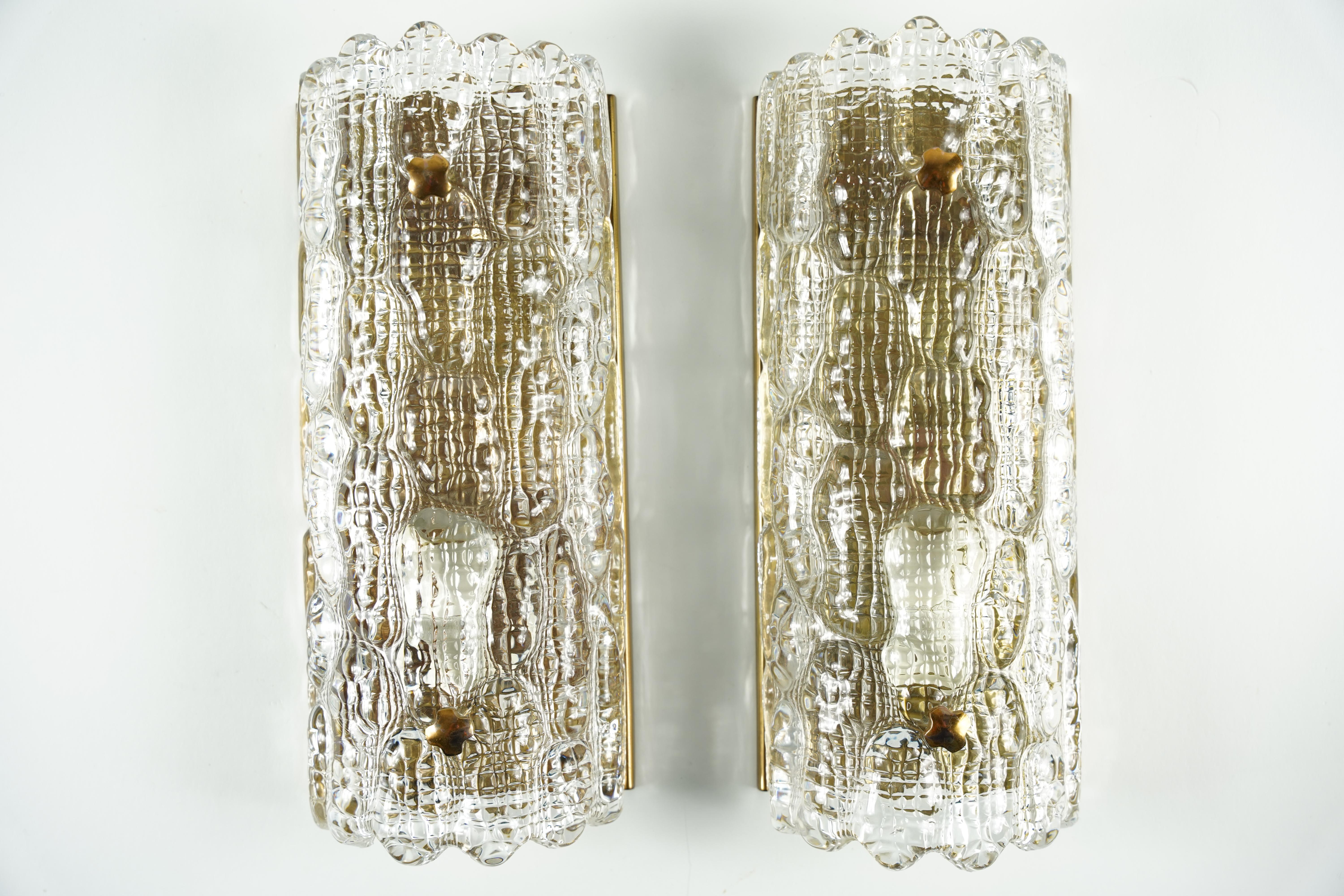 Orrefors Sconces Brass and crocodile Glass Shades by Orrefors Sweden, 19700 For Sale 5