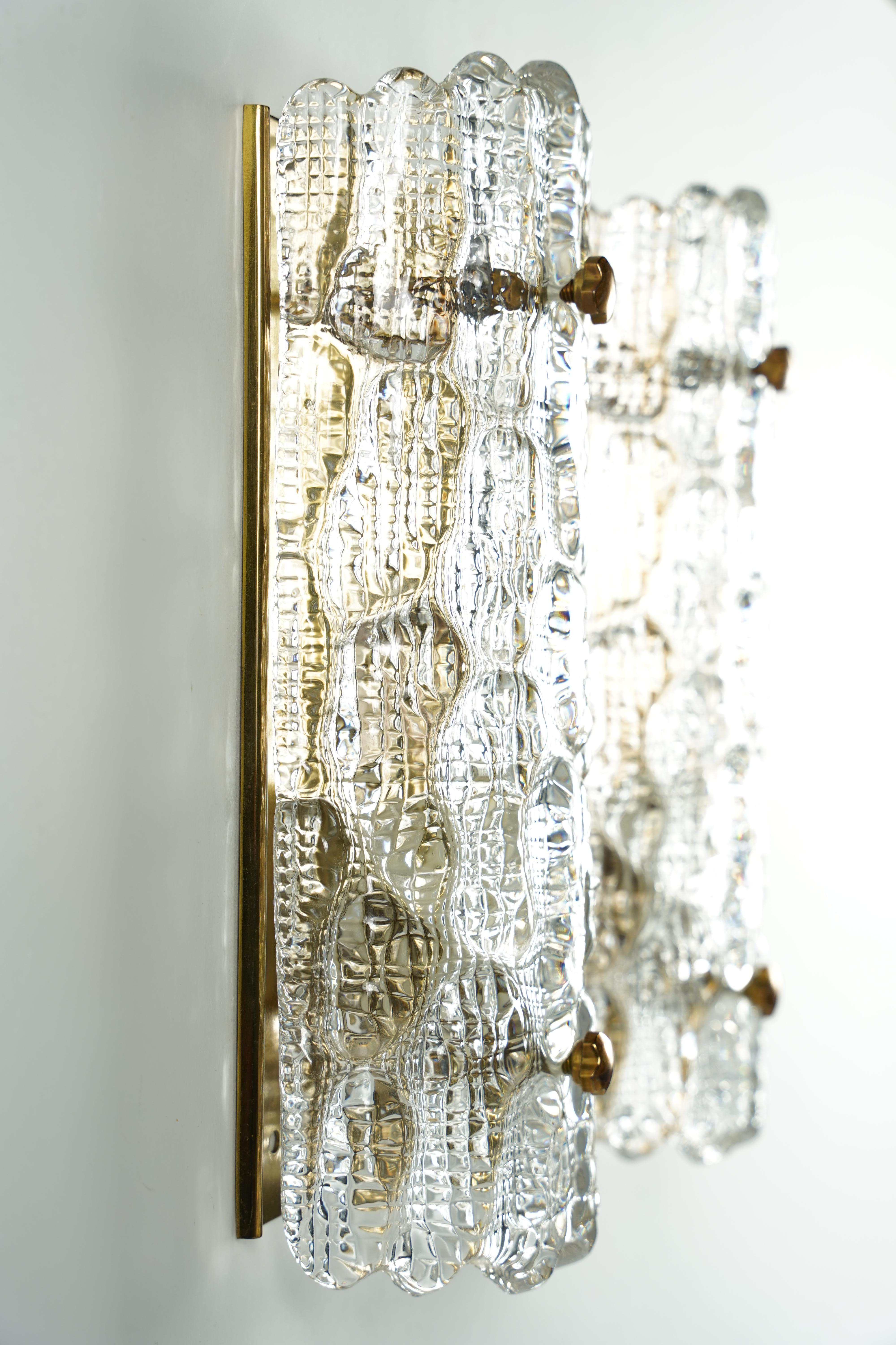 Mid-Century Modern Orrefors Sconces Brass and crocodile Glass Shades by Orrefors Sweden, 19700 For Sale
