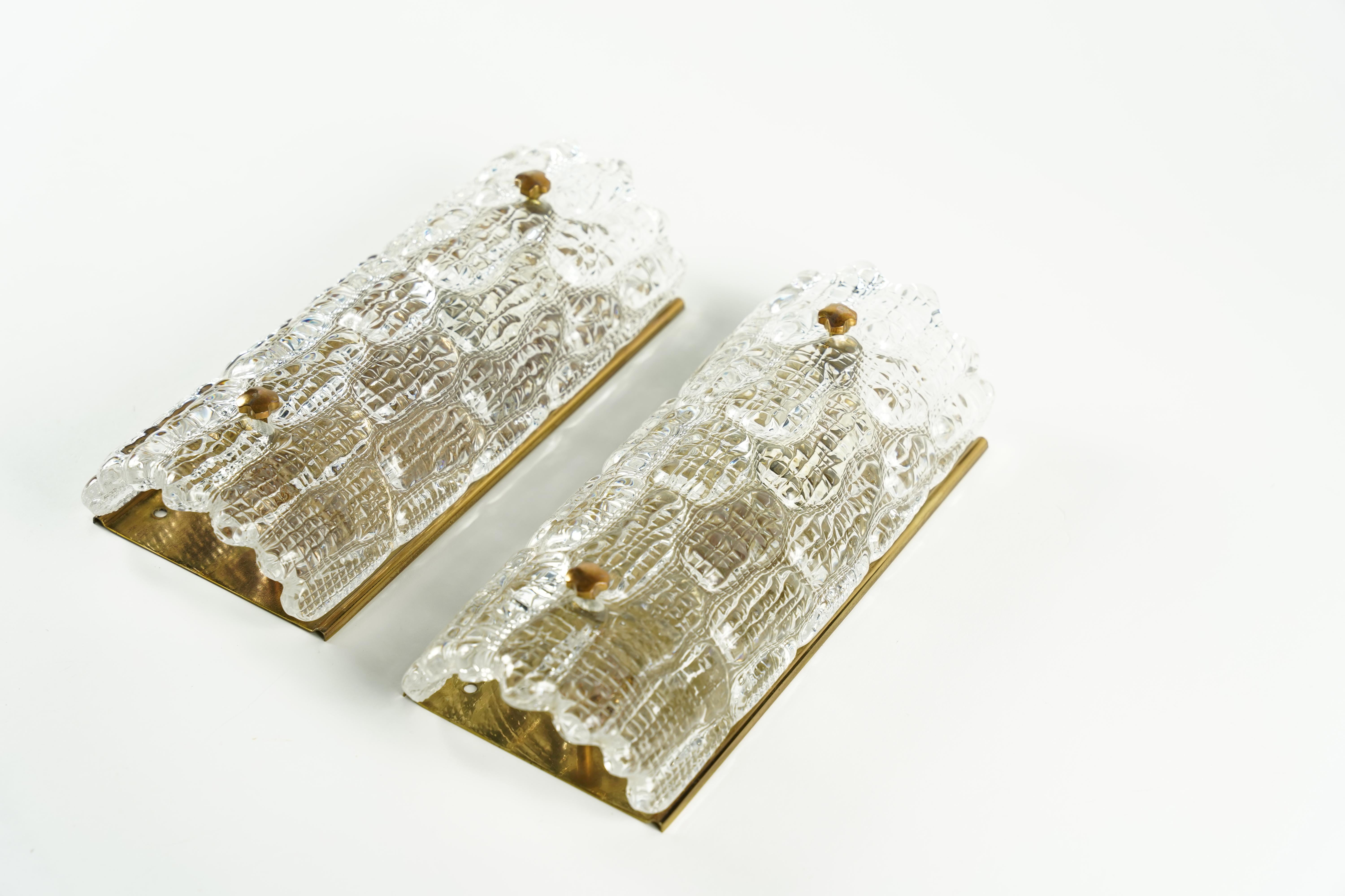 Swedish Orrefors Sconces Brass and crocodile Glass Shades by Orrefors Sweden, 19700 For Sale
