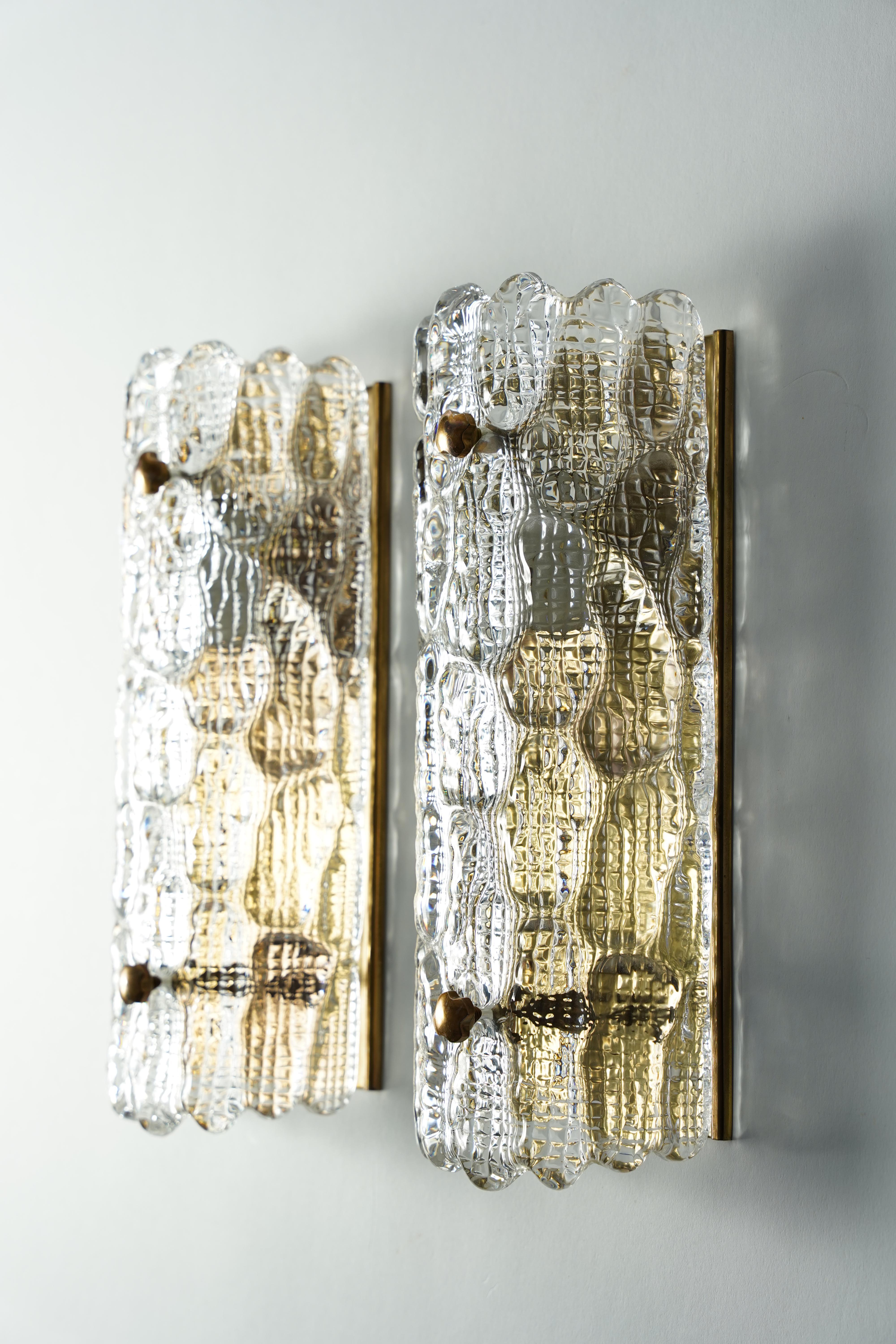 Cast Orrefors Sconces Brass and crocodile Glass Shades by Orrefors Sweden, 19700 For Sale