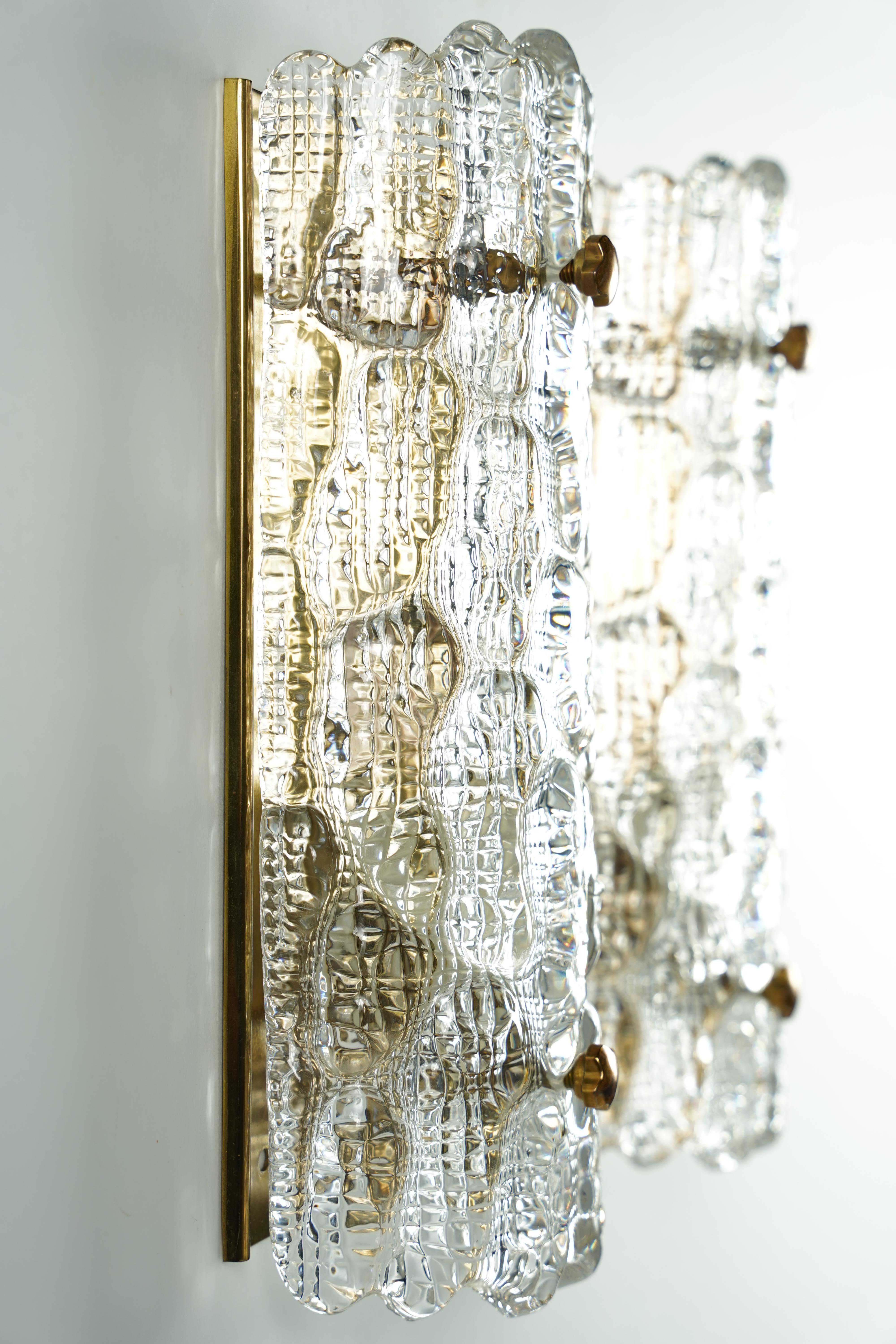 Orrefors Sconces Brass and crocodile Glass Shades by Orrefors Sweden, 19700 In Good Condition For Sale In Bronx, NY