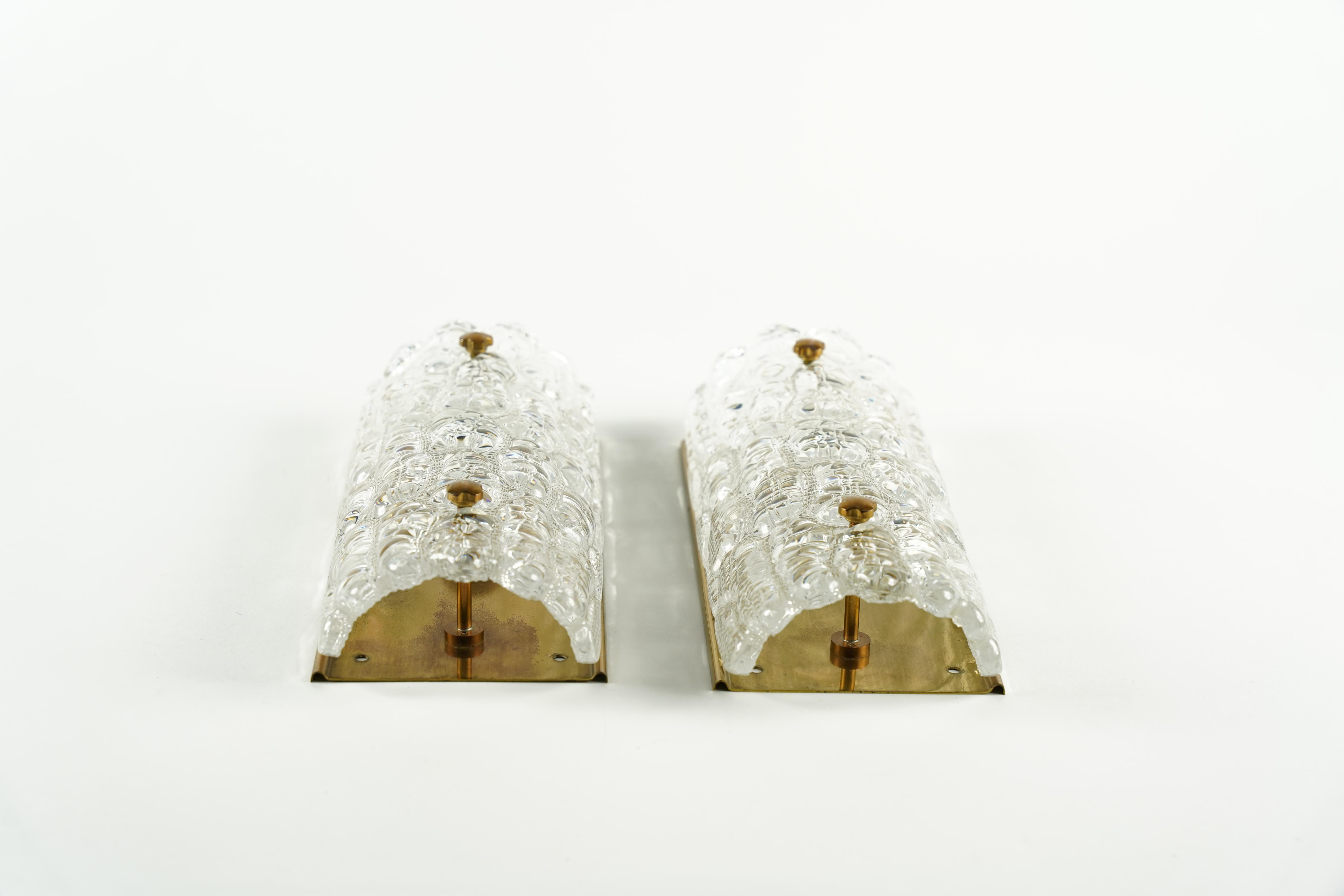 20th Century Orrefors Sconces Brass and crocodile Glass Shades by Orrefors Sweden, 19700 For Sale