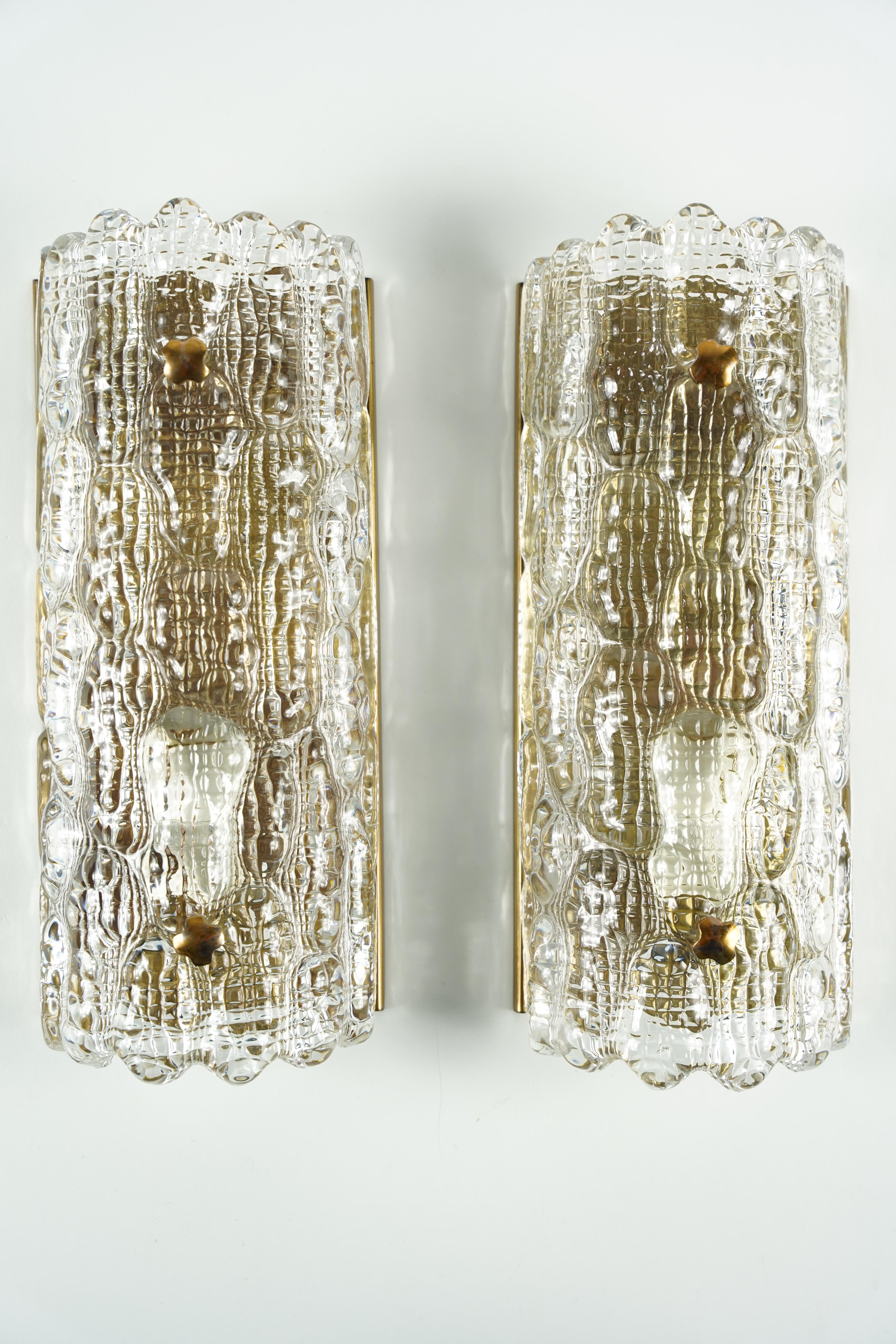 Orrefors Sconces Brass and crocodile Glass Shades by Orrefors Sweden, 19700 For Sale 1