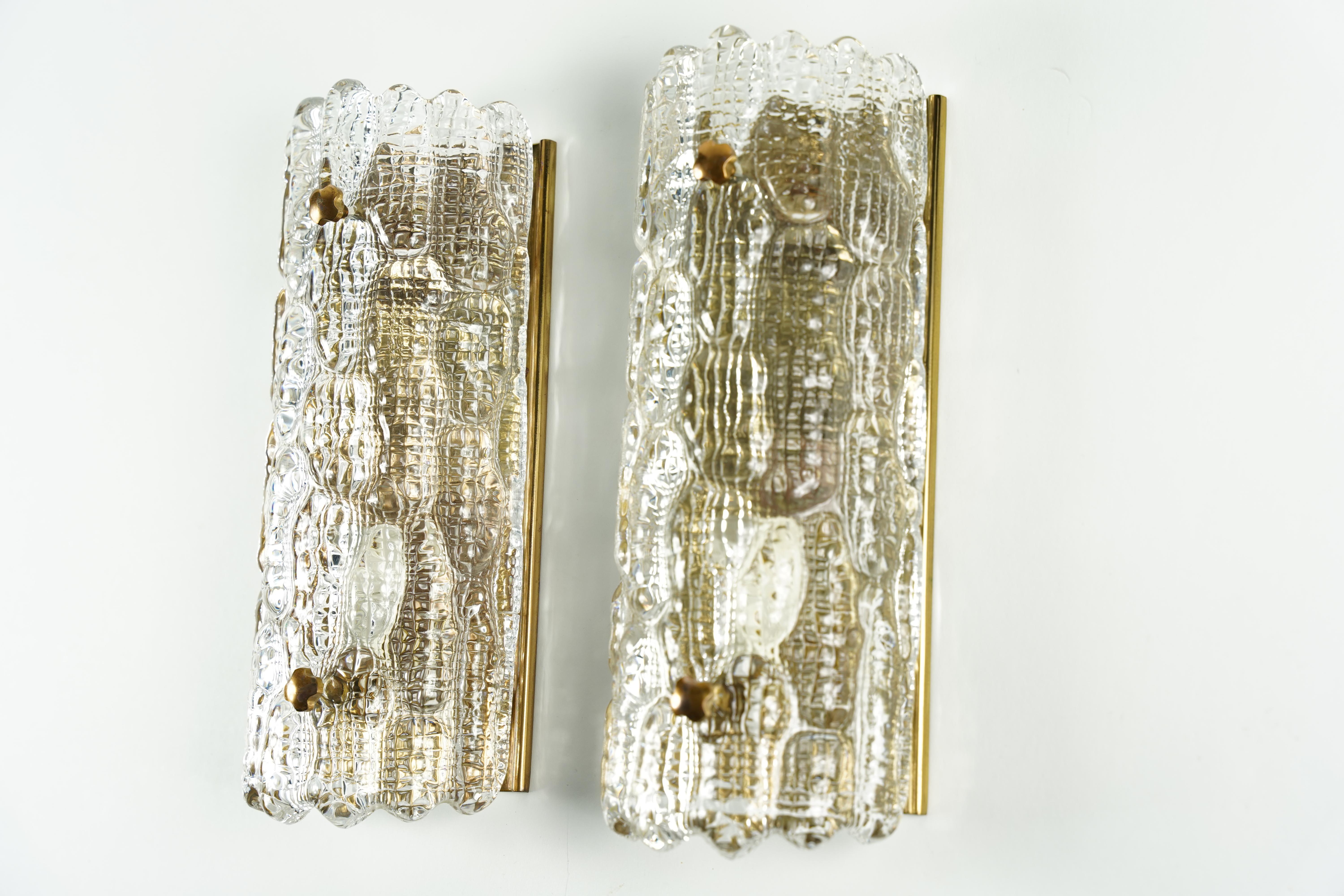 Orrefors Sconces Brass and crocodile Glass Shades by Orrefors Sweden, 19700 For Sale 2
