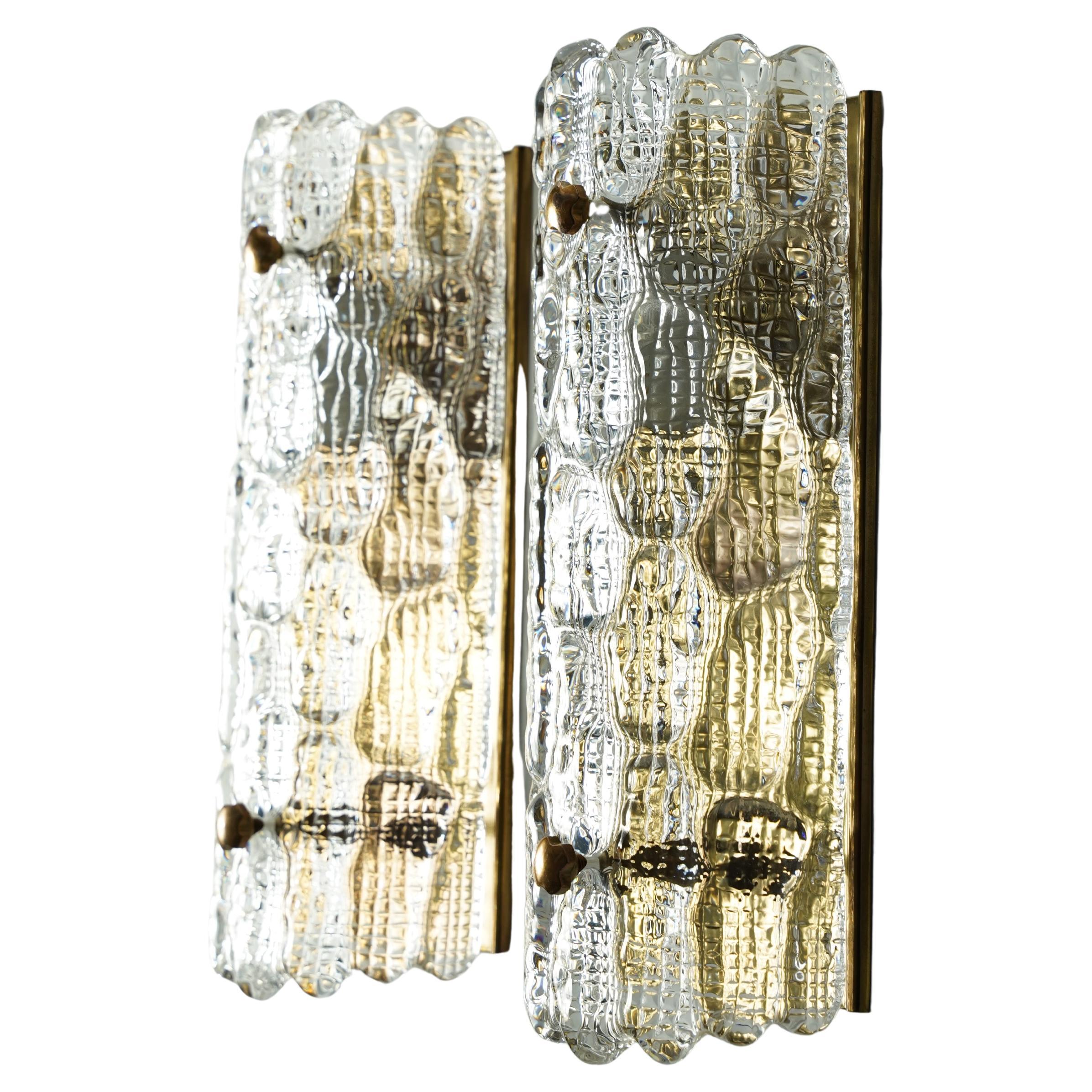 Orrefors Sconces Brass and crocodile Glass Shades by Orrefors Sweden, 19700