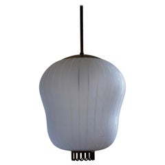 Orrefors, Sizable Pendant Light, Partly Frosted Glass, Brass, Sweden, 1940s