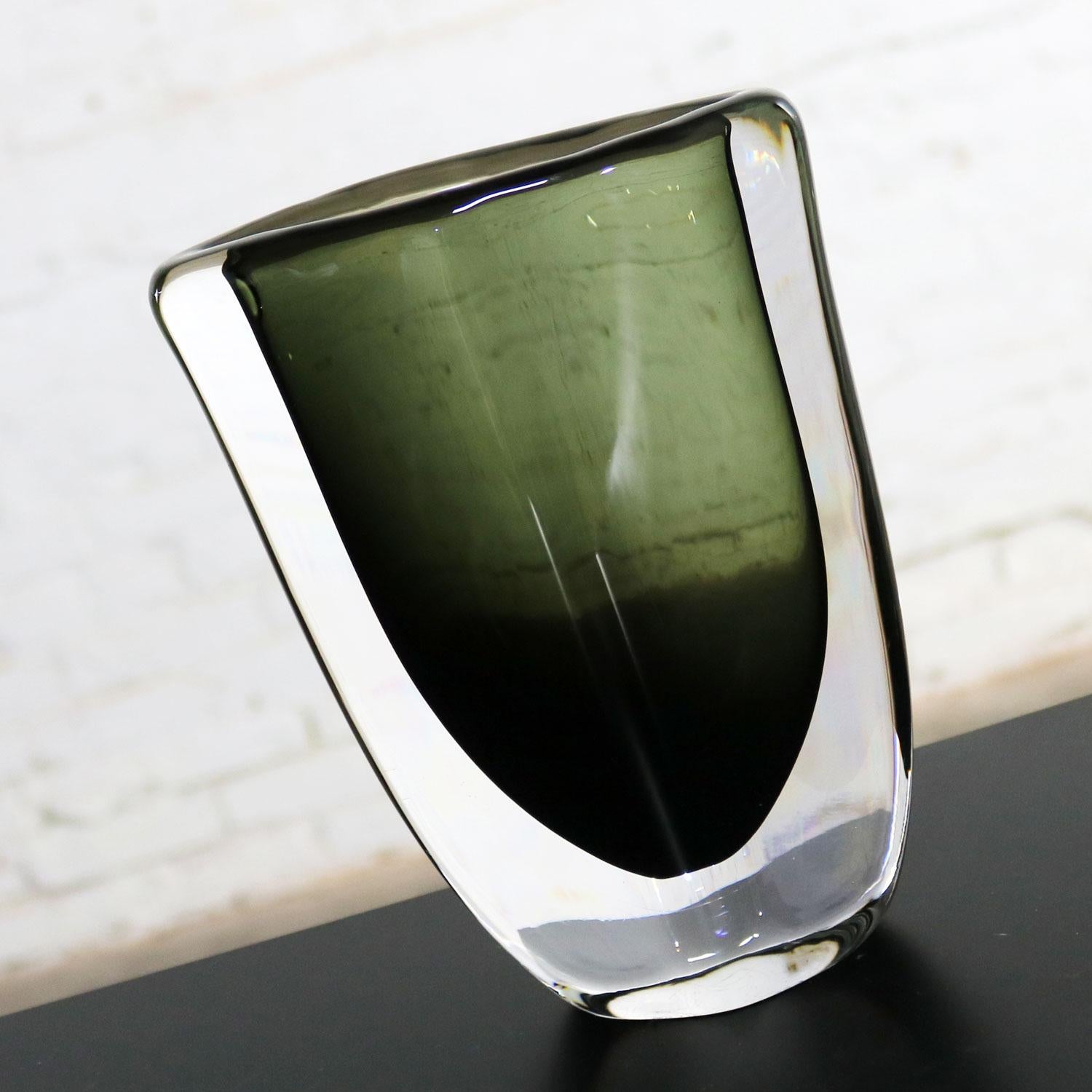 Scandinavian Modern Orrefors Sommerso Vase by Nils Landberg Dusk Series Signed Smoke Gray Green