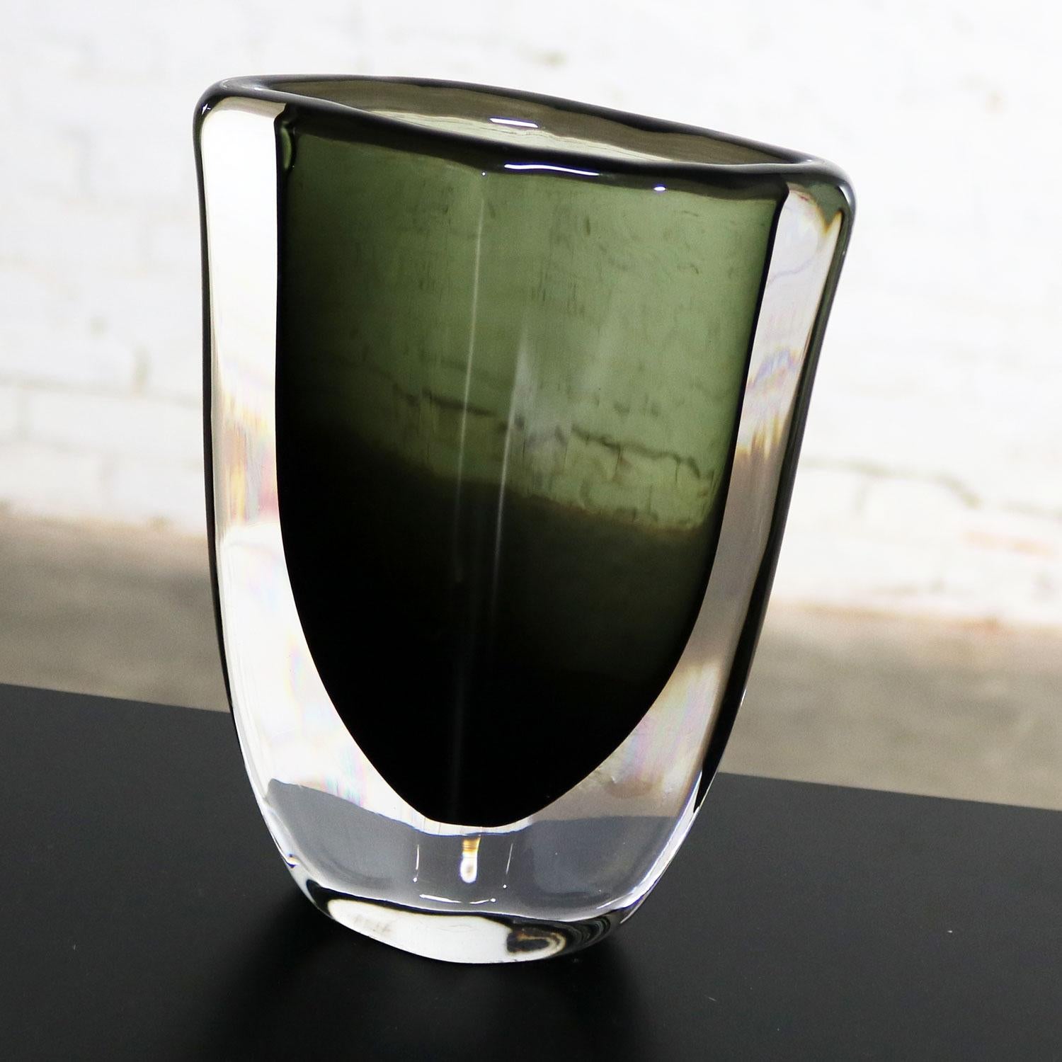 Swedish Orrefors Sommerso Vase by Nils Landberg Dusk Series Signed Smoke Gray Green