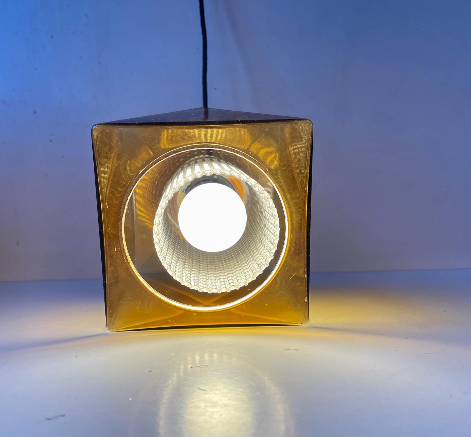 Swedish Orrefors Sweden Cubic Hanging Lamp in Amber Glass  For Sale