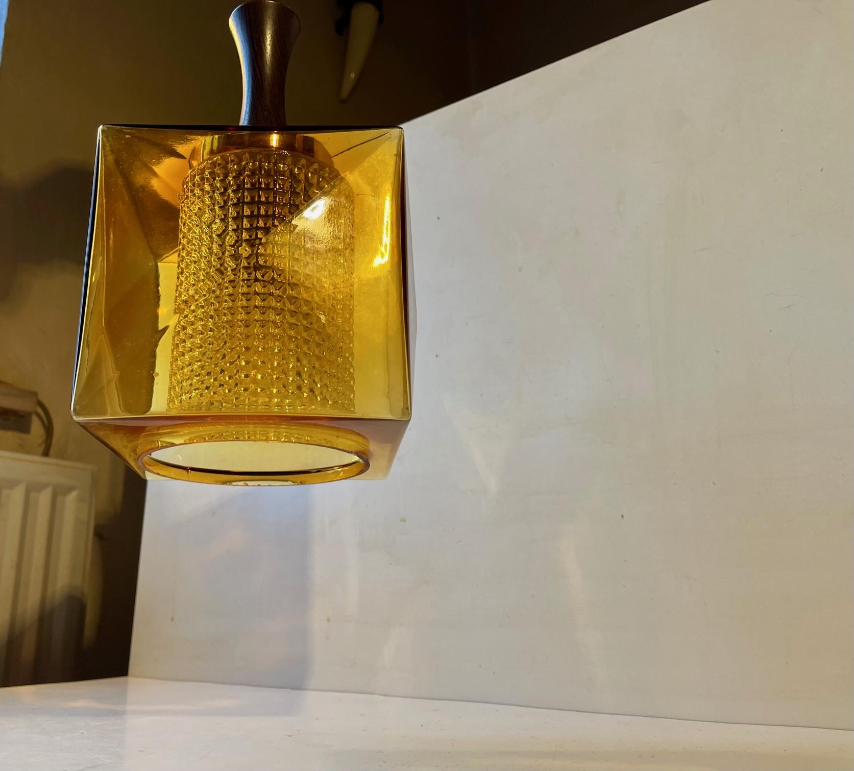 Mid-20th Century Orrefors Sweden Cubic Hanging Lamp in Amber Glass  For Sale