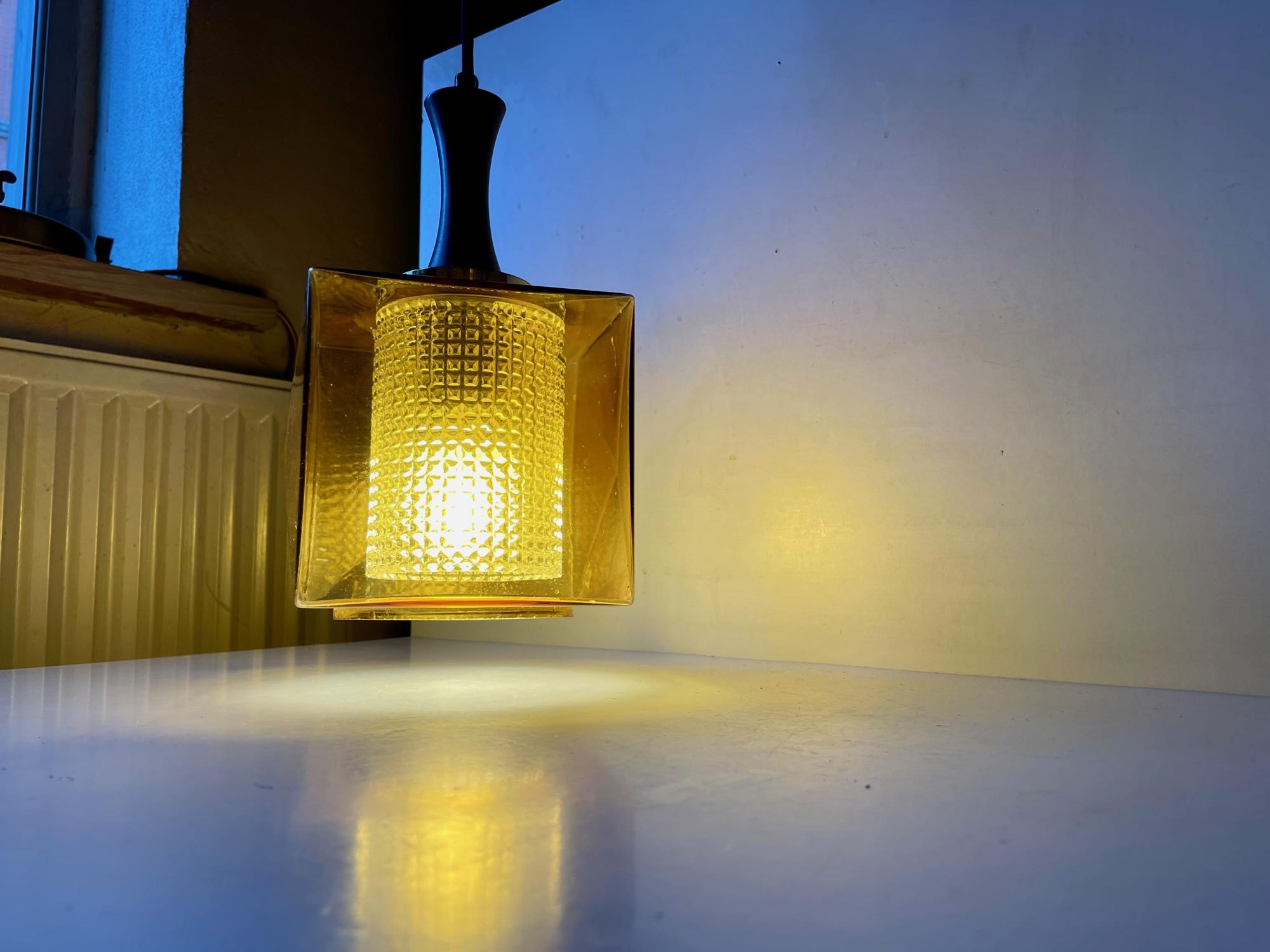 Orrefors Sweden Cubic Hanging Lamp in Amber Glass  For Sale 1