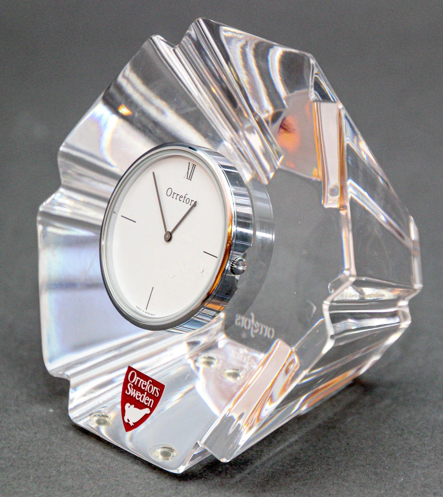 Orrefors Sweden Orion Crystal Desk Clock Paperweight 1970s 6