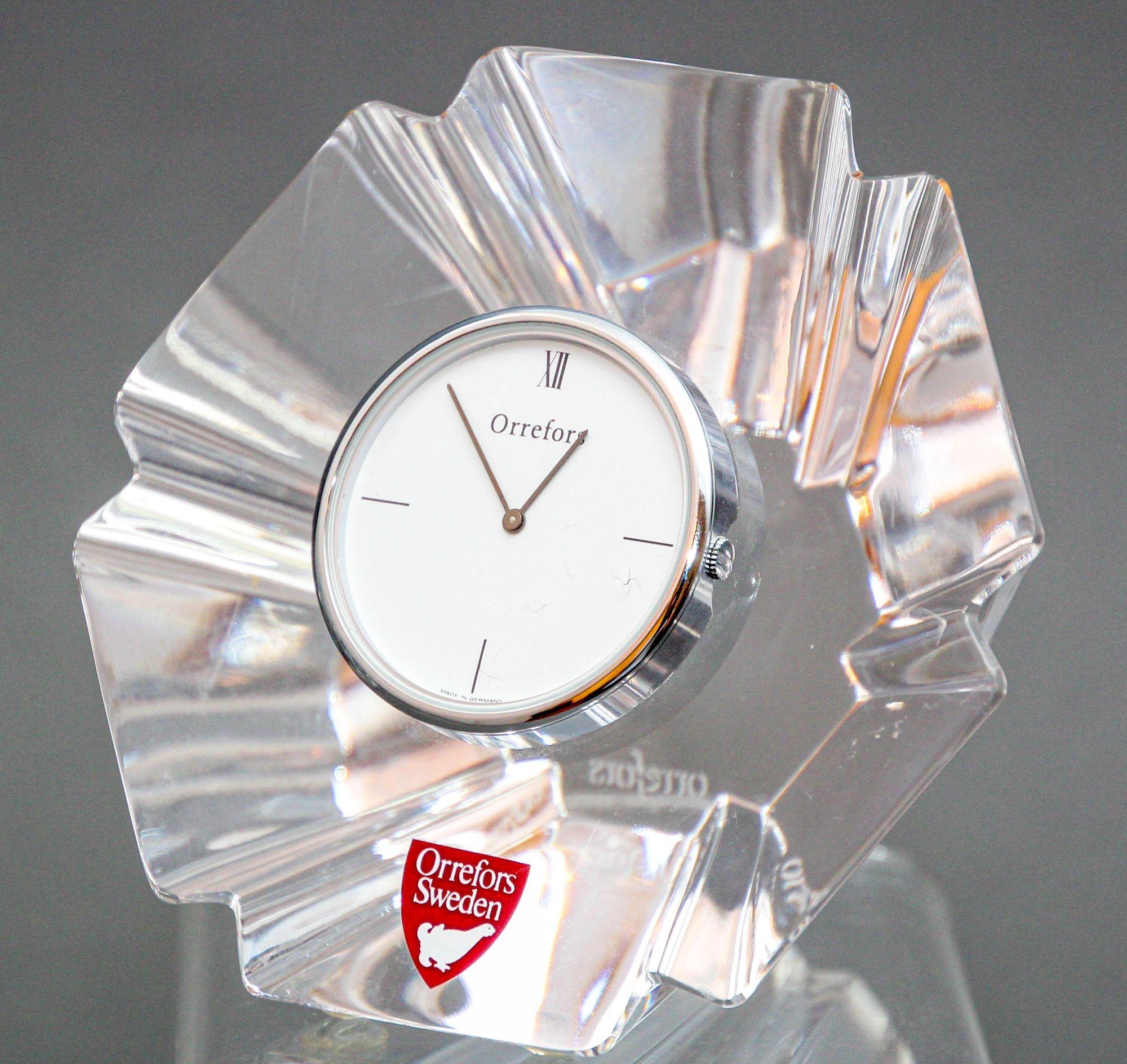 Scandinavian Modern Orrefors Sweden Orion Crystal Desk Clock Paperweight 1970s