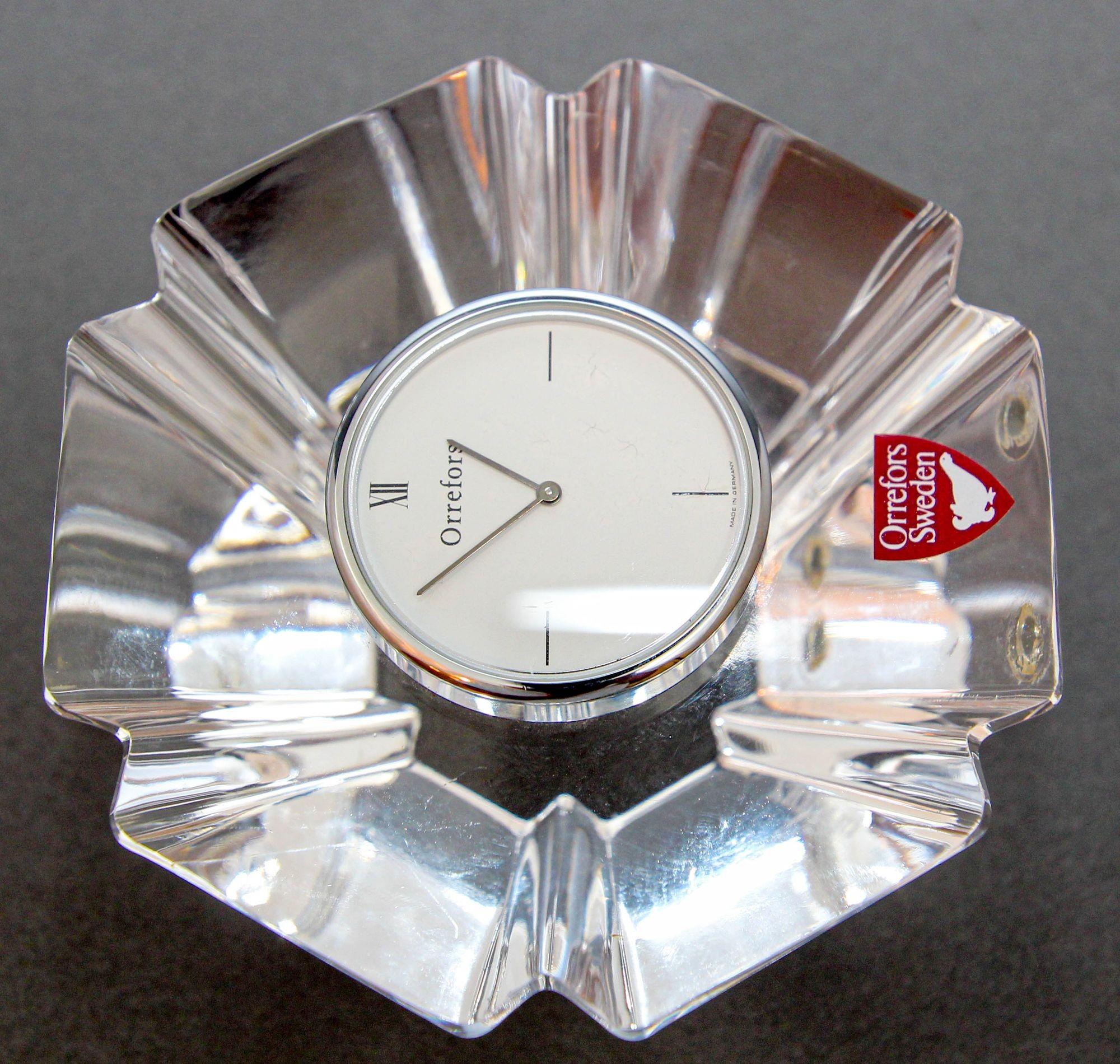 20th Century Orrefors Sweden Orion Crystal Desk Clock Paperweight 1970s